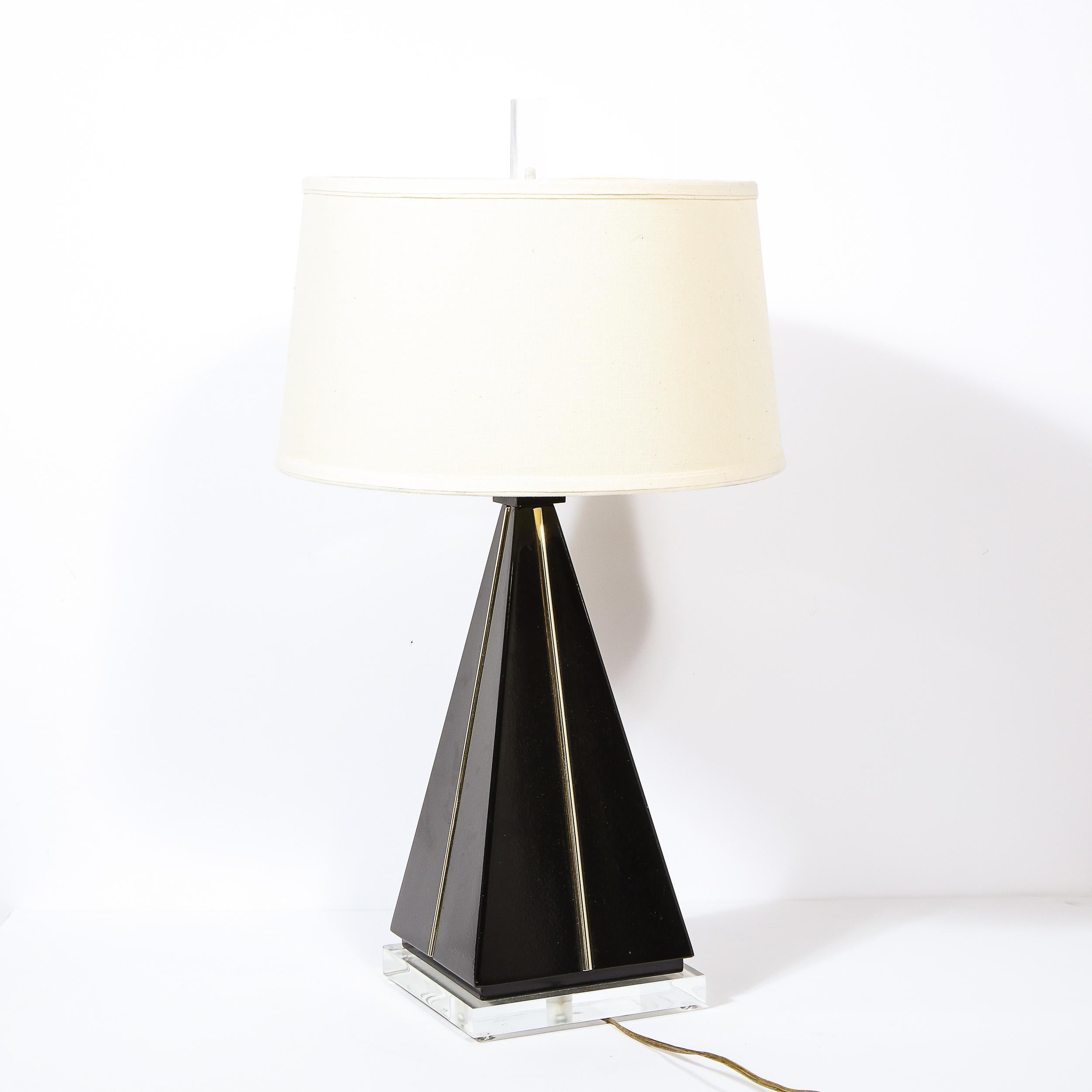 Modernist Pyramidal Black Lacquer, Gilded Resin & Lucite Table Lamp 3