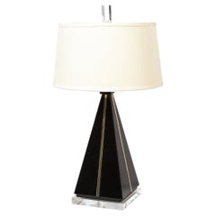 Modernist Pyramidal Black Lacquer, Gilded Resin & Lucite Table Lamp