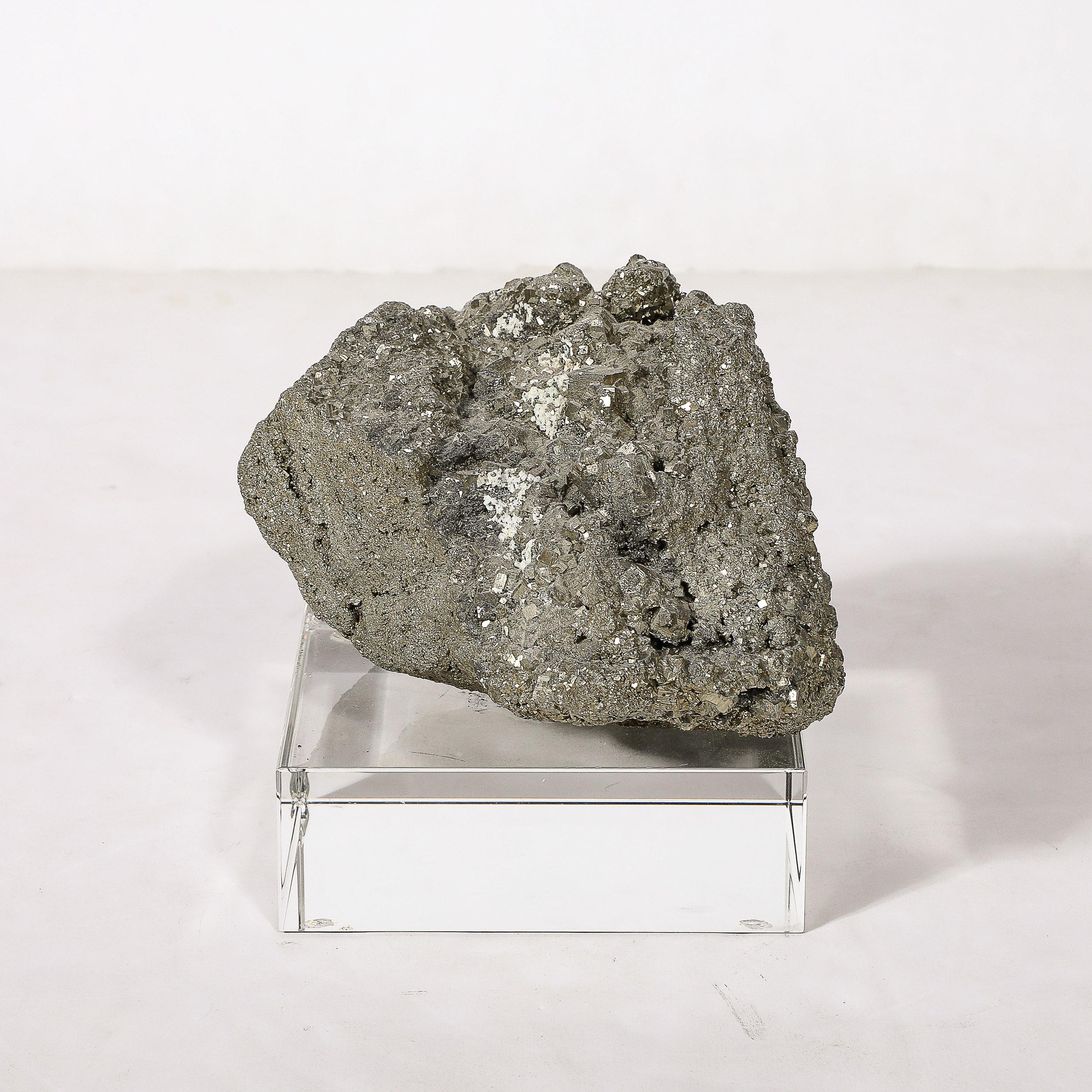 Modernist Pyrite Rock Specimen on Rectilinear Lucite Base  For Sale 1