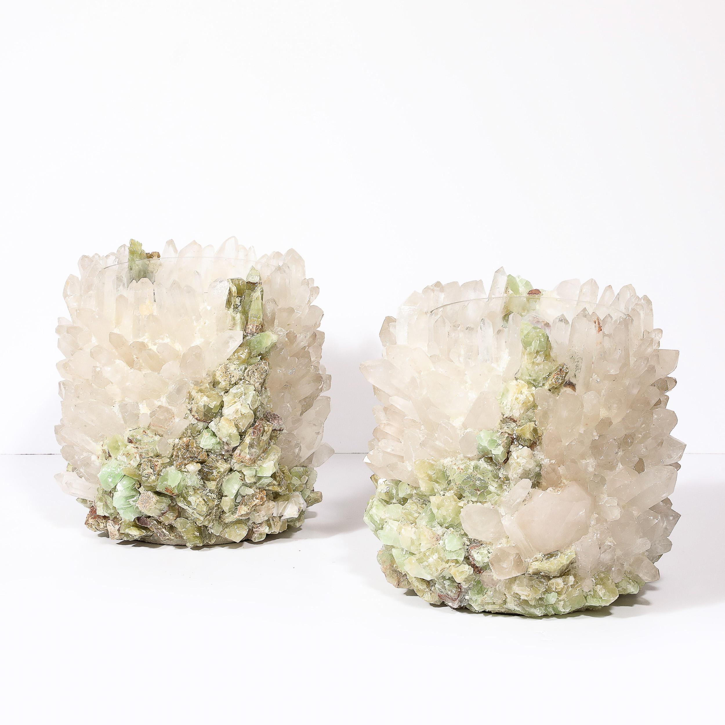 Modernist Quartz Crystal and Green Apophyllite Hurricane Candleholders 9