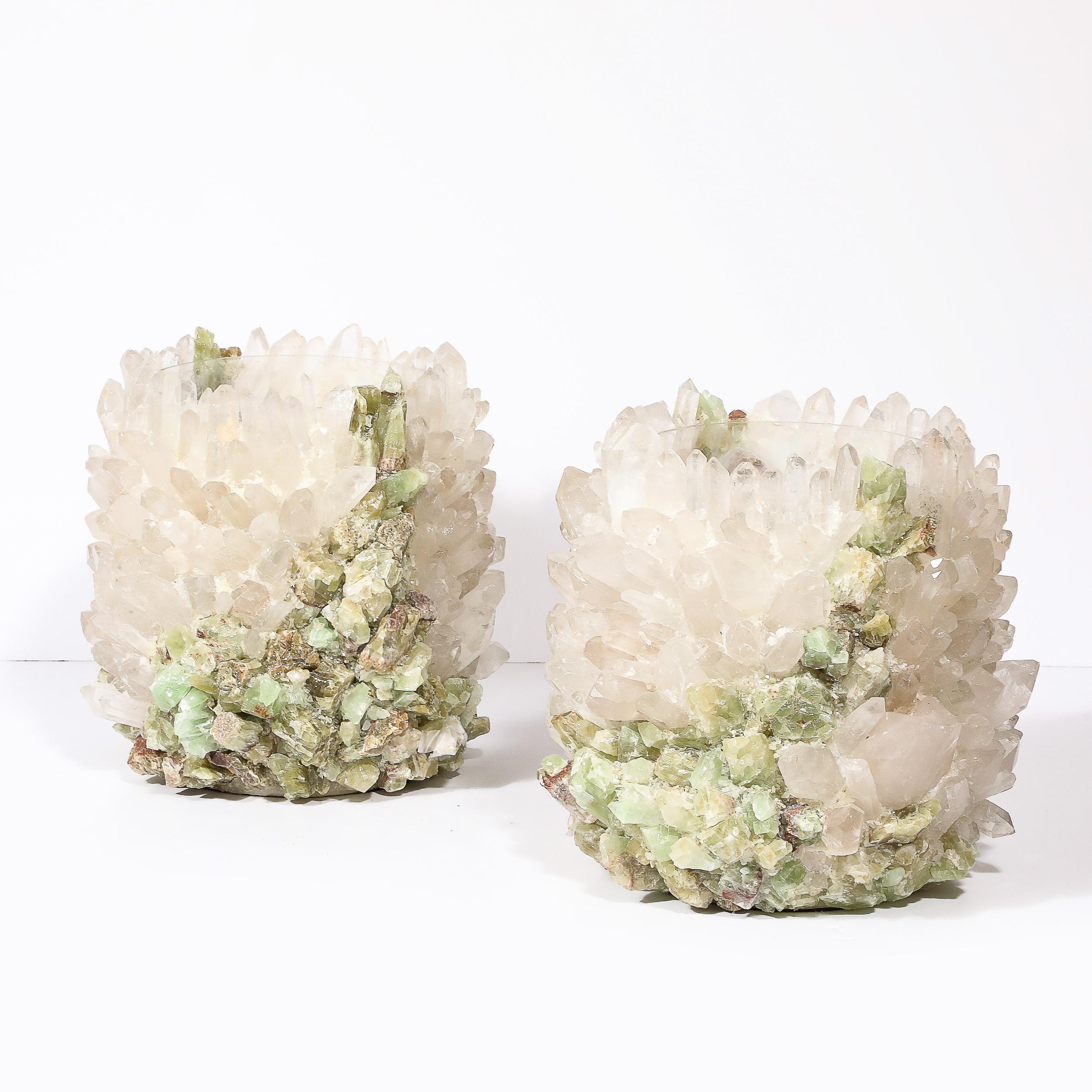 Modernist Quartz Crystal and Green Apophyllite Hurricane Candleholders 10