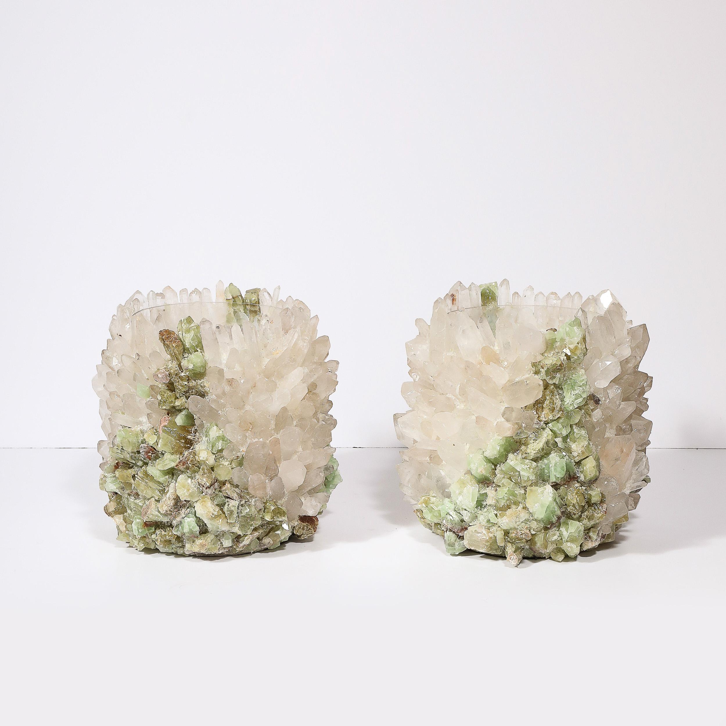 These powerfully scaled and materially exquisite Modernist Quartz Crystal and Green Apophyllite Hurricane Candleholders originate from Brazil during the latter half of the 20th Century. Brimming with detail and stunning natural quality of the quartz