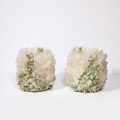 Modernist Quartz Crystal and Green Apophyllite Hurricane Candleholders