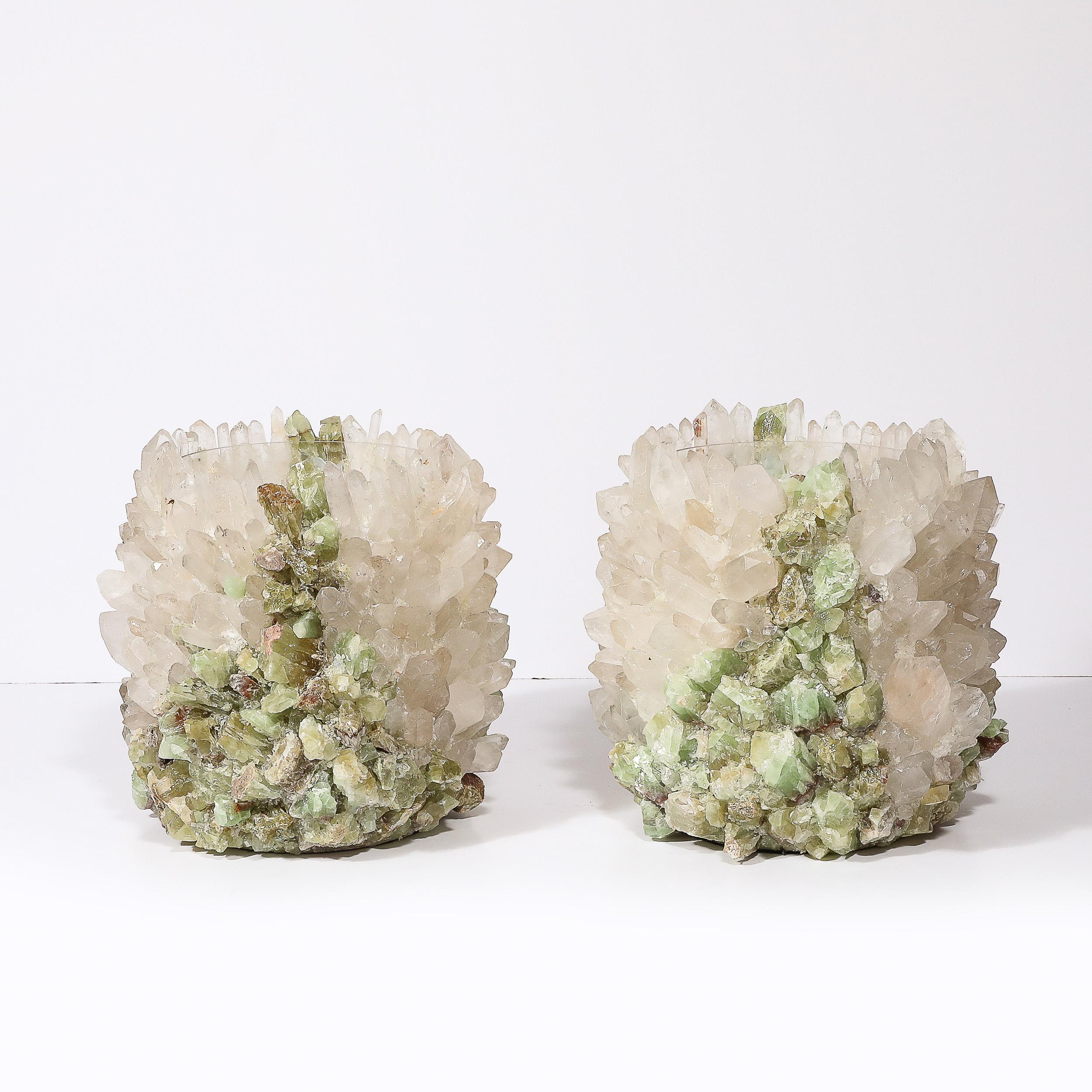 Modernist Quartz Crystal and Green Apophyllite Hurricane Candleholders 1