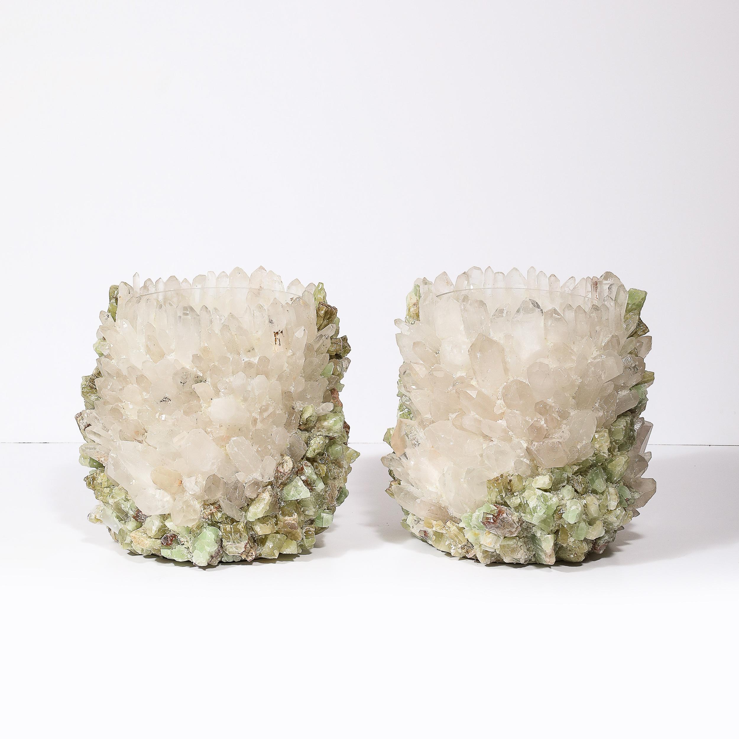 Modernist Quartz Crystal and Green Apophyllite Hurricane Candleholders 3