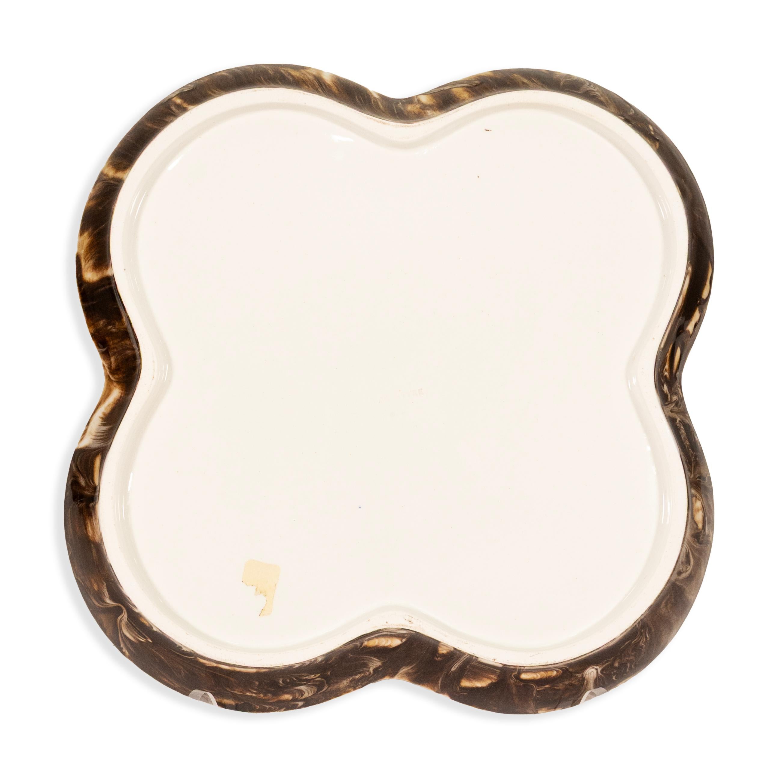Mid-Century Modern Modernist Quatrefoil Ceramic Plate with Earth-Toned Marbleized Glaze Signed For Sale