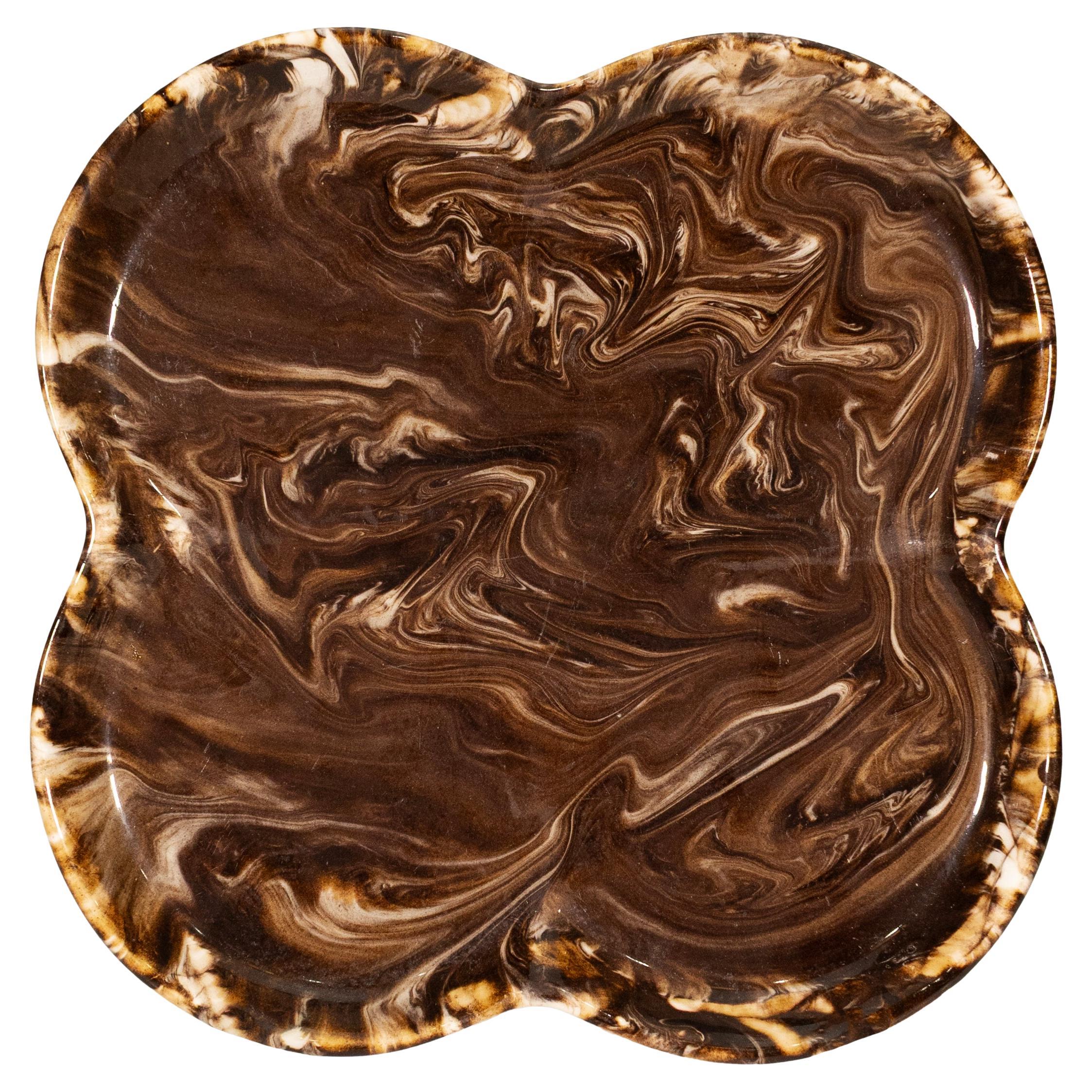 Modernist Quatrefoil Ceramic Plate with Earth-Toned Marbleized Glaze Signed For Sale