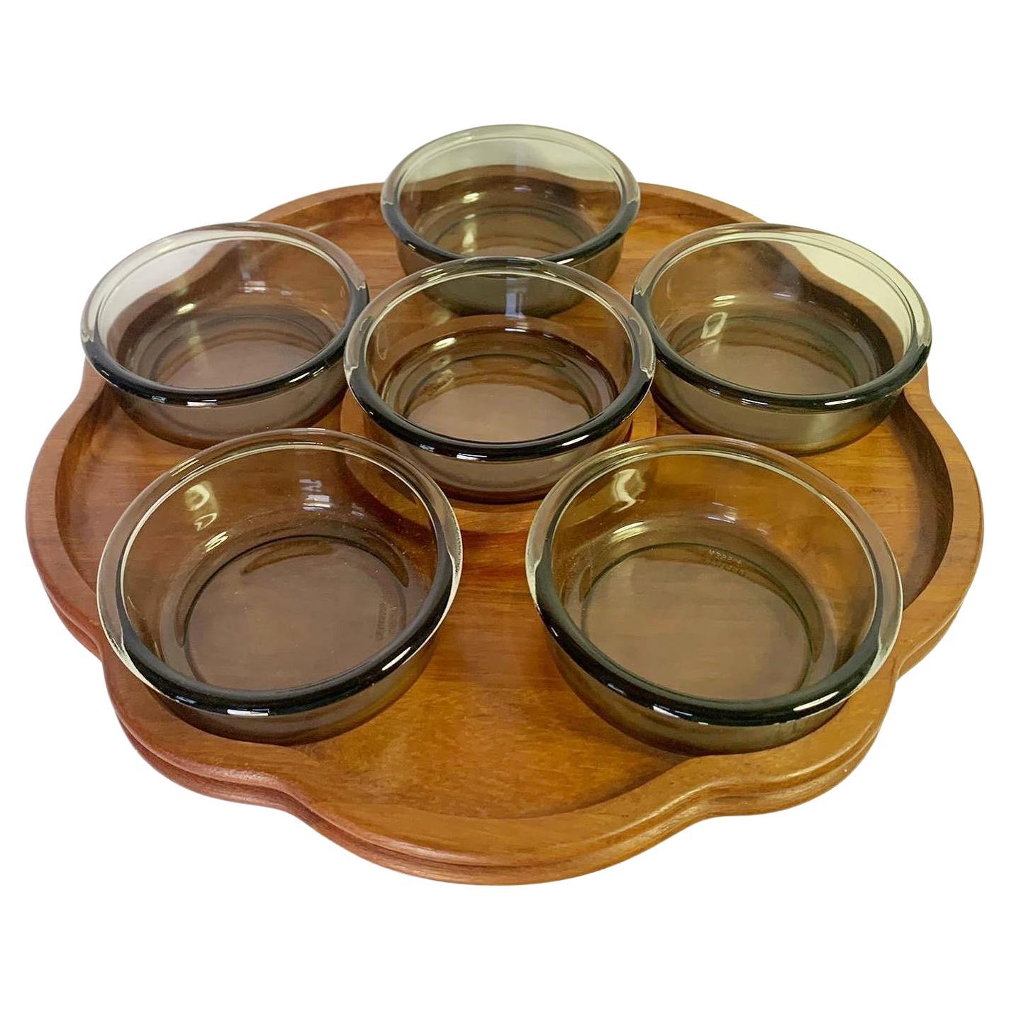 Modernist Quistgaard Denmark Teak Lazy Susan With 9 Matching Smoked Glass Bowls For Sale
