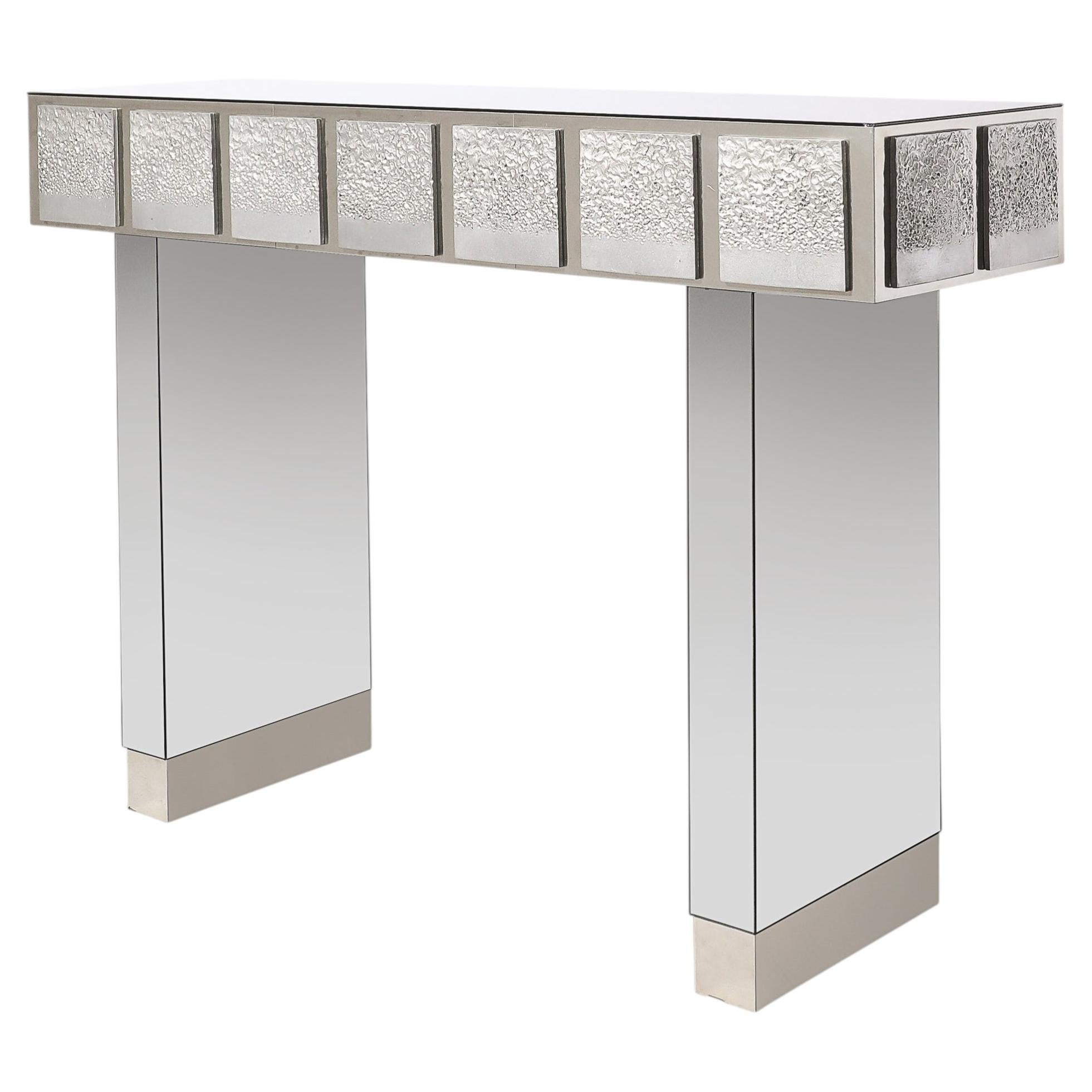 Modernist Mirrored & Polished Steel Console Table w/ Brutalist Tile Motif