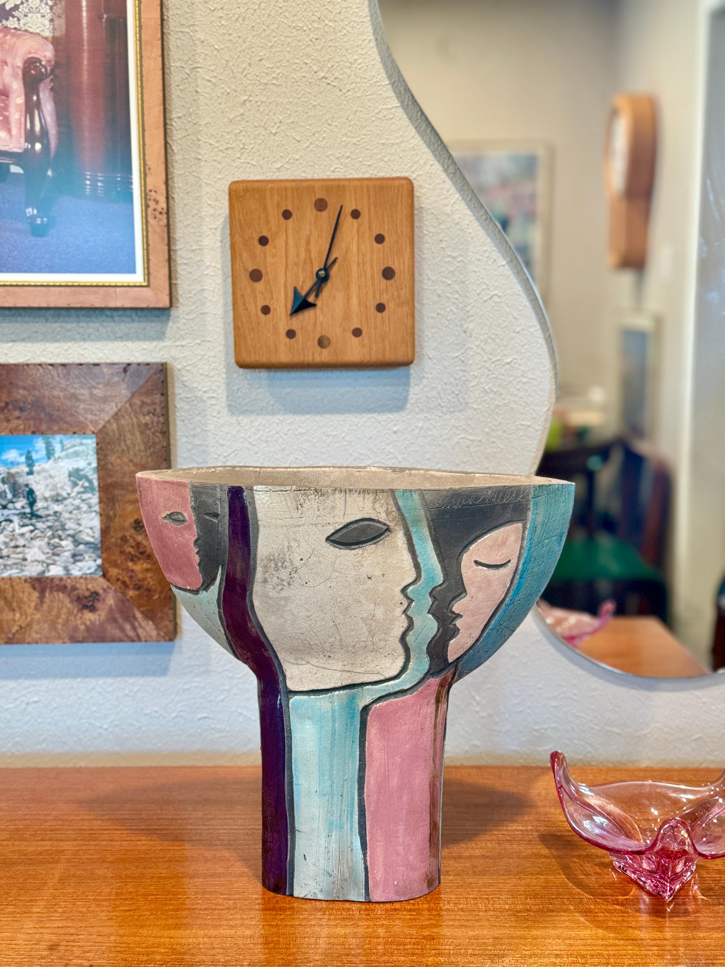 Mid-Century Modern Modernist Raku Pottery ceramic vase with abstract faces, circa 1960s For Sale