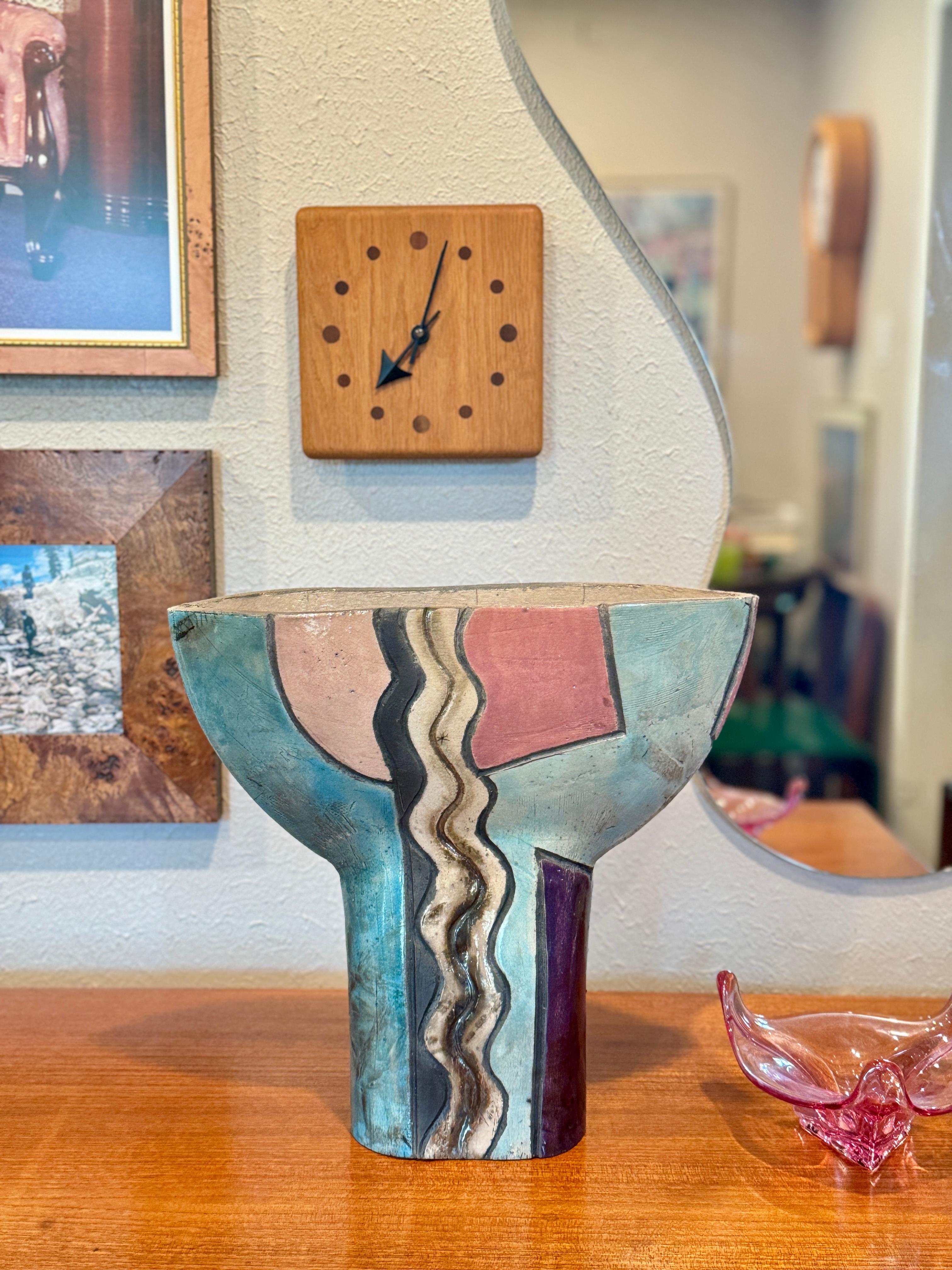 Unknown Modernist Raku Pottery ceramic vase with abstract faces, circa 1960s For Sale