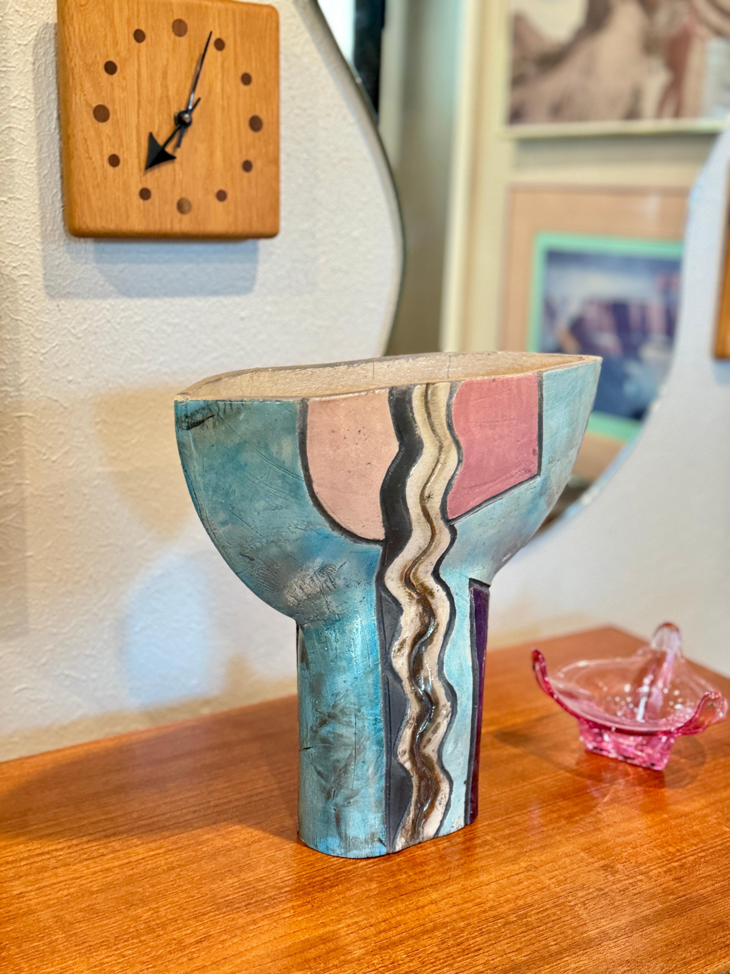Modernist Raku Pottery ceramic vase with abstract faces, circa 1960s In Good Condition For Sale In Houston, TX