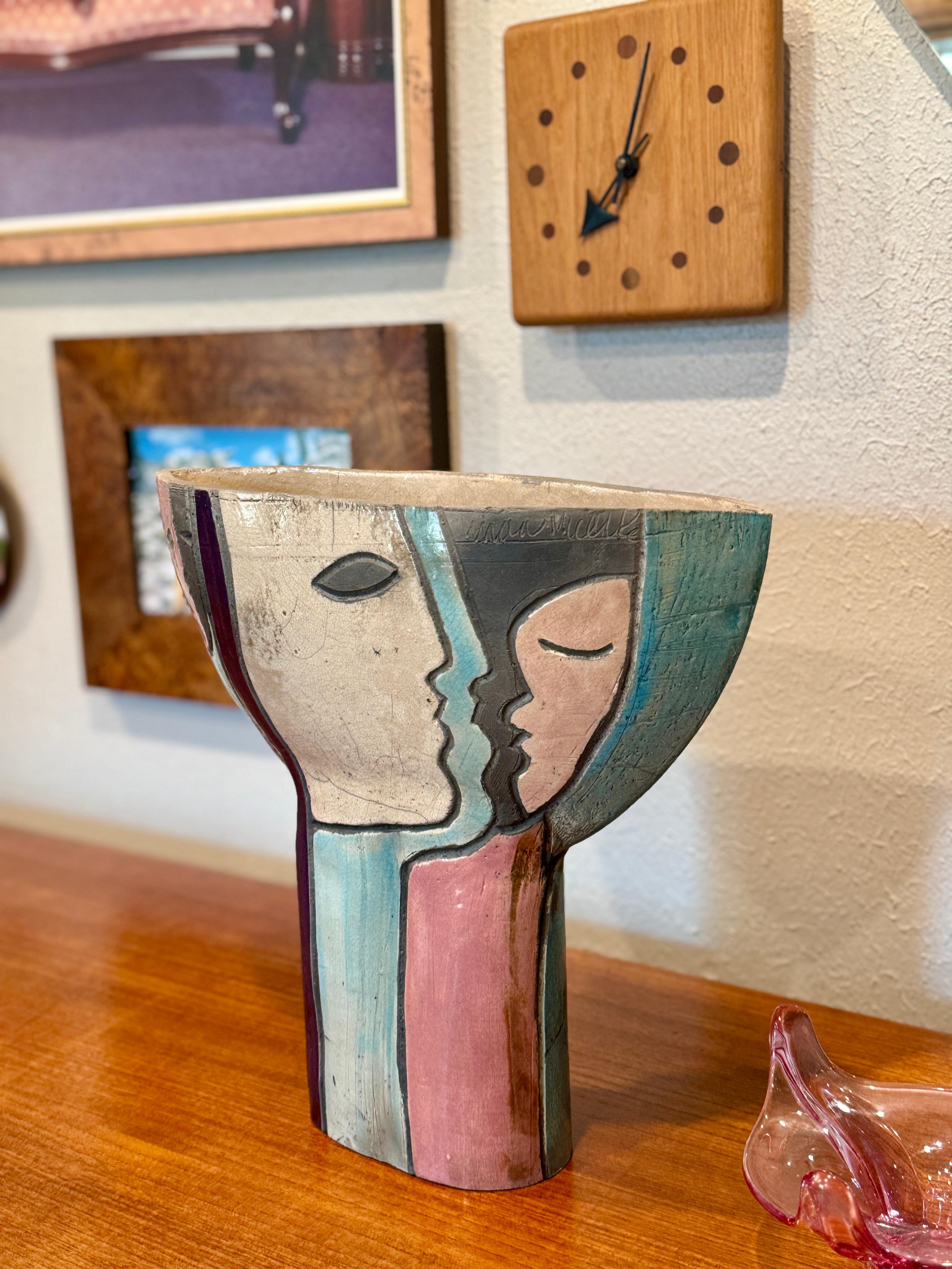 Mid-20th Century Modernist Raku Pottery ceramic vase with abstract faces, circa 1960s For Sale