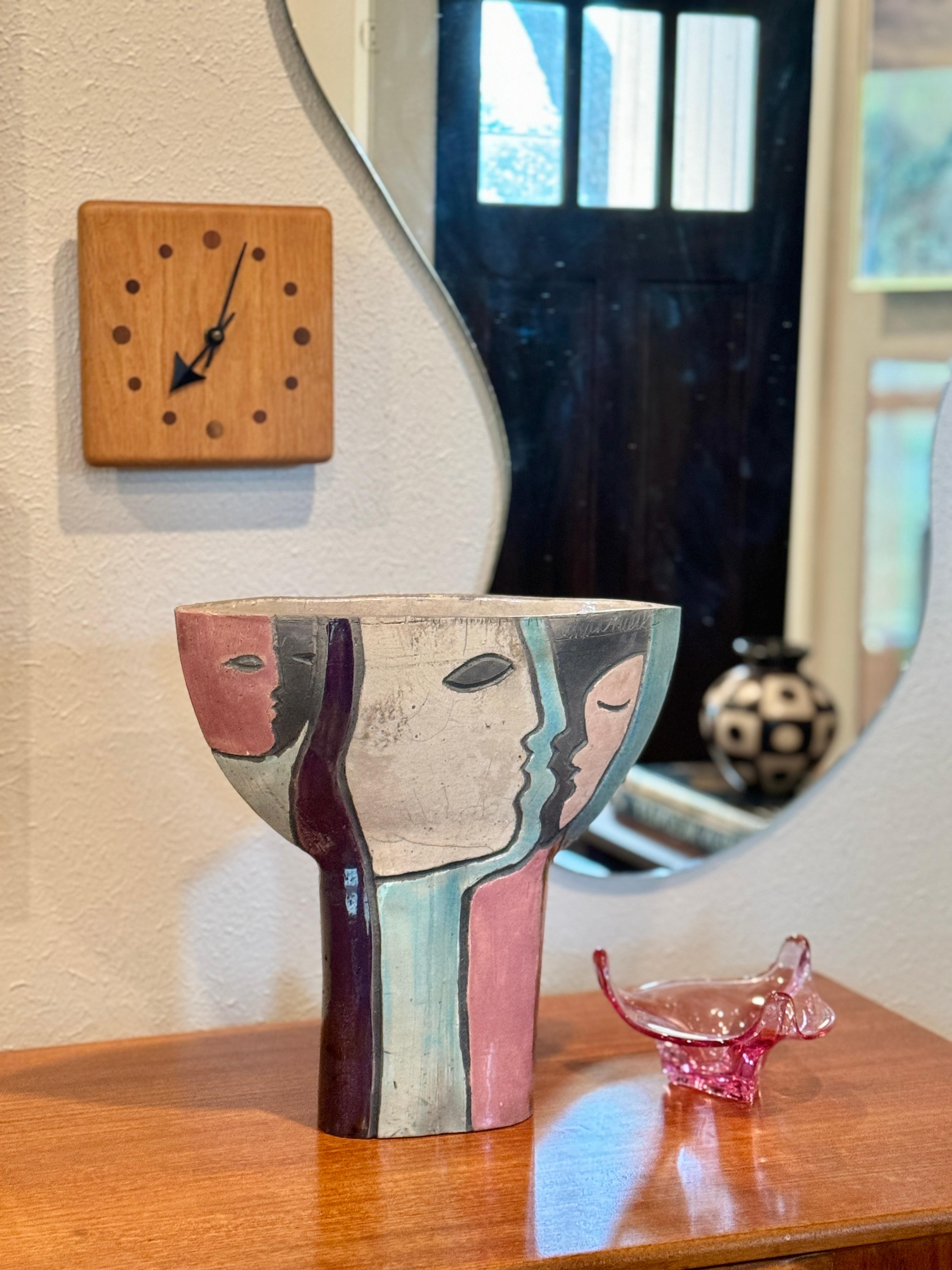 Modernist Raku Pottery ceramic vase with abstract faces, circa 1960s For Sale 1