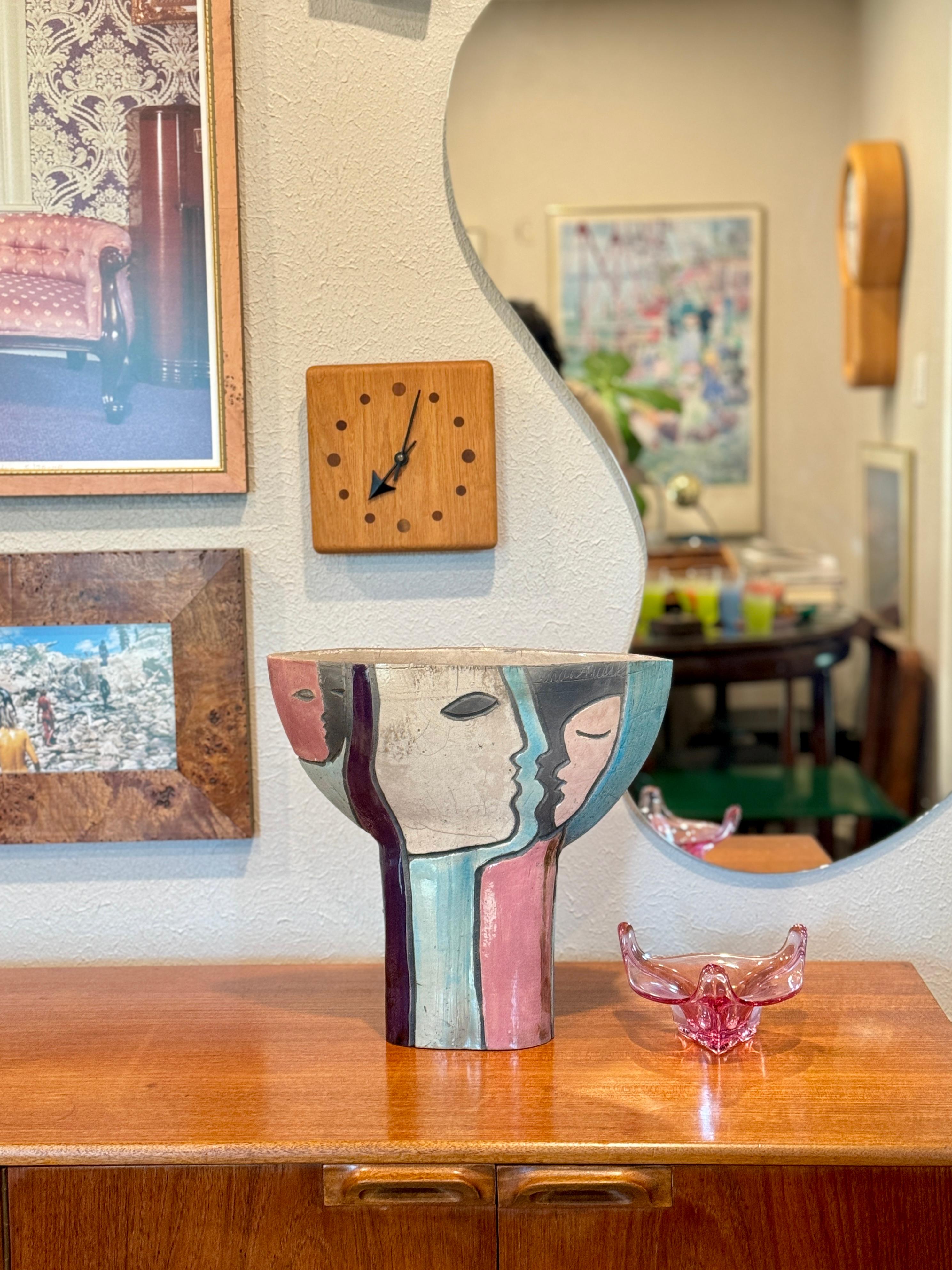 Modernist Raku Pottery ceramic vase with abstract faces, circa 1960s For Sale 2