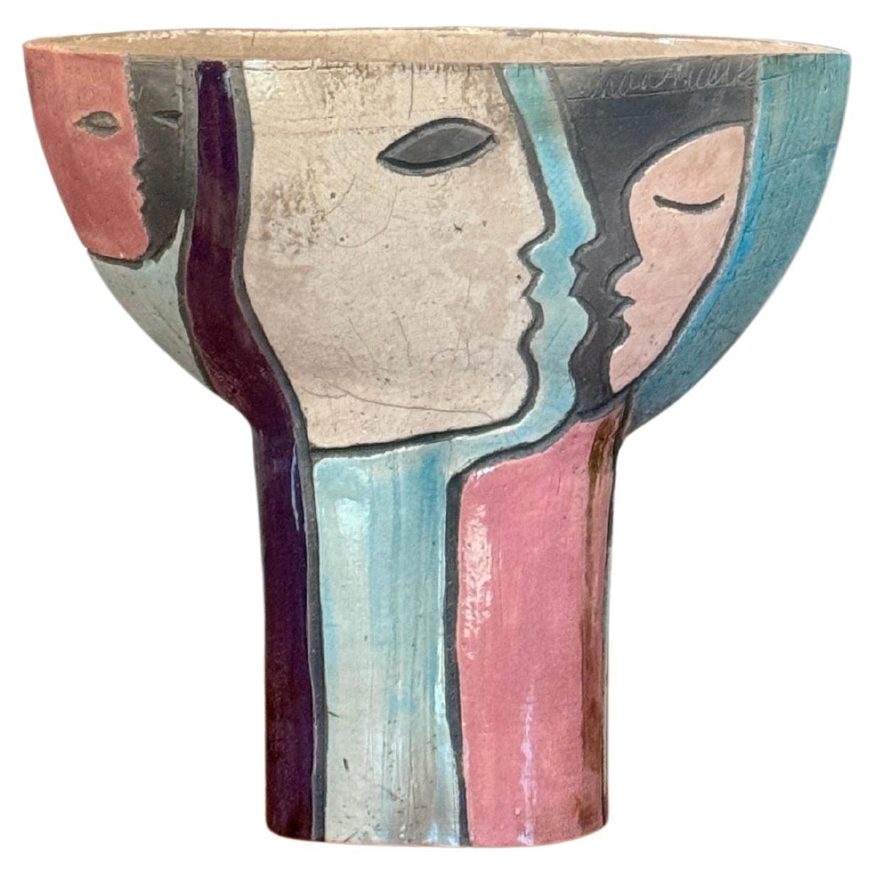 Modernist Raku Pottery ceramic vase with abstract faces, circa 1960s For Sale