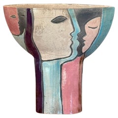 Modernist Raku Pottery ceramic vase with abstract faces, circa 1960s