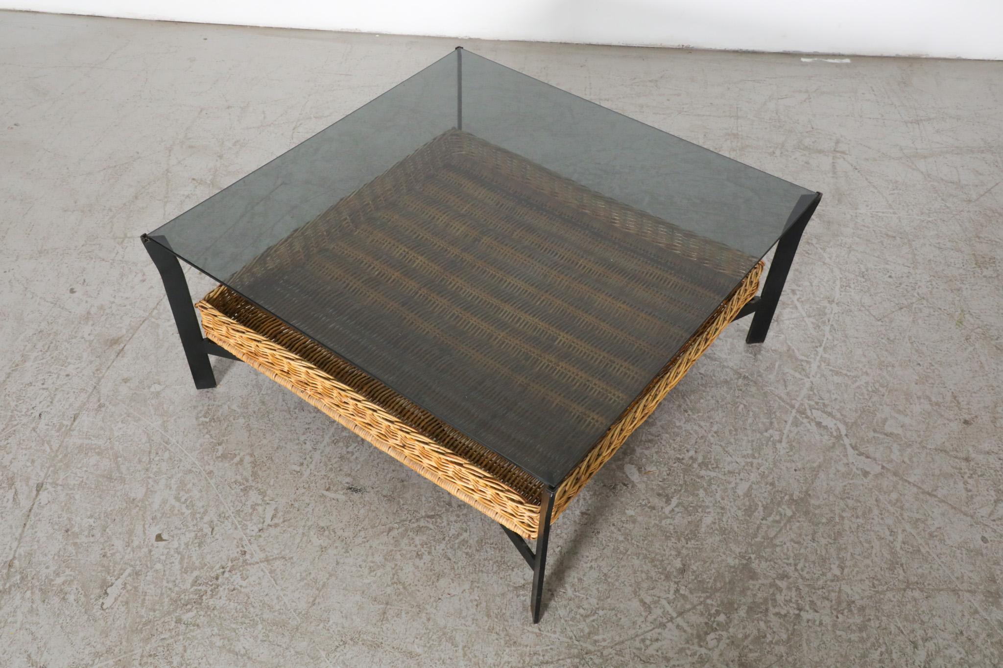 Modernist Rattan Metal and Glass Coffee Table with Lower Basket For Sale 4