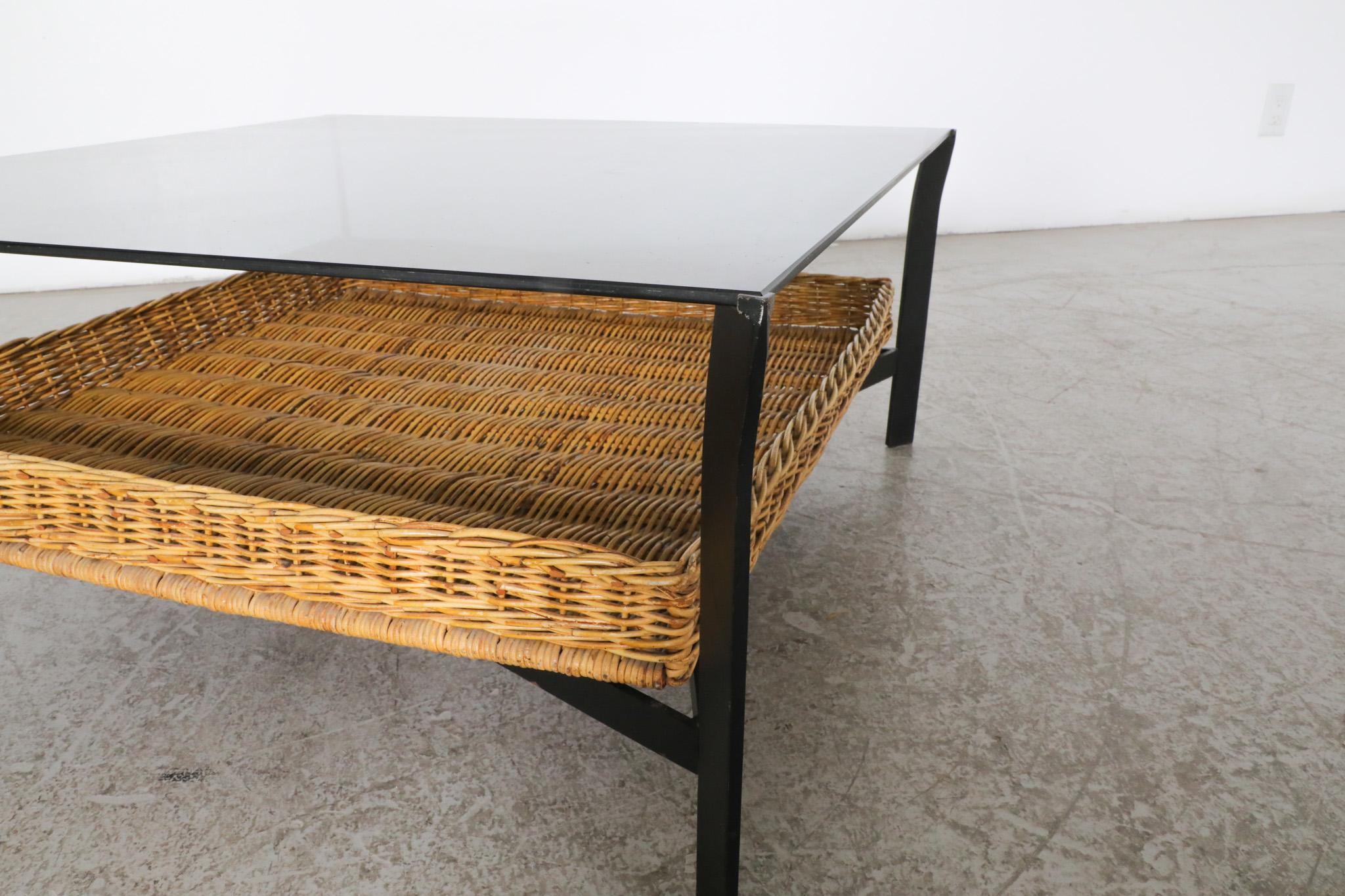 Modernist Rattan Metal and Glass Coffee Table with Lower Basket For Sale 5