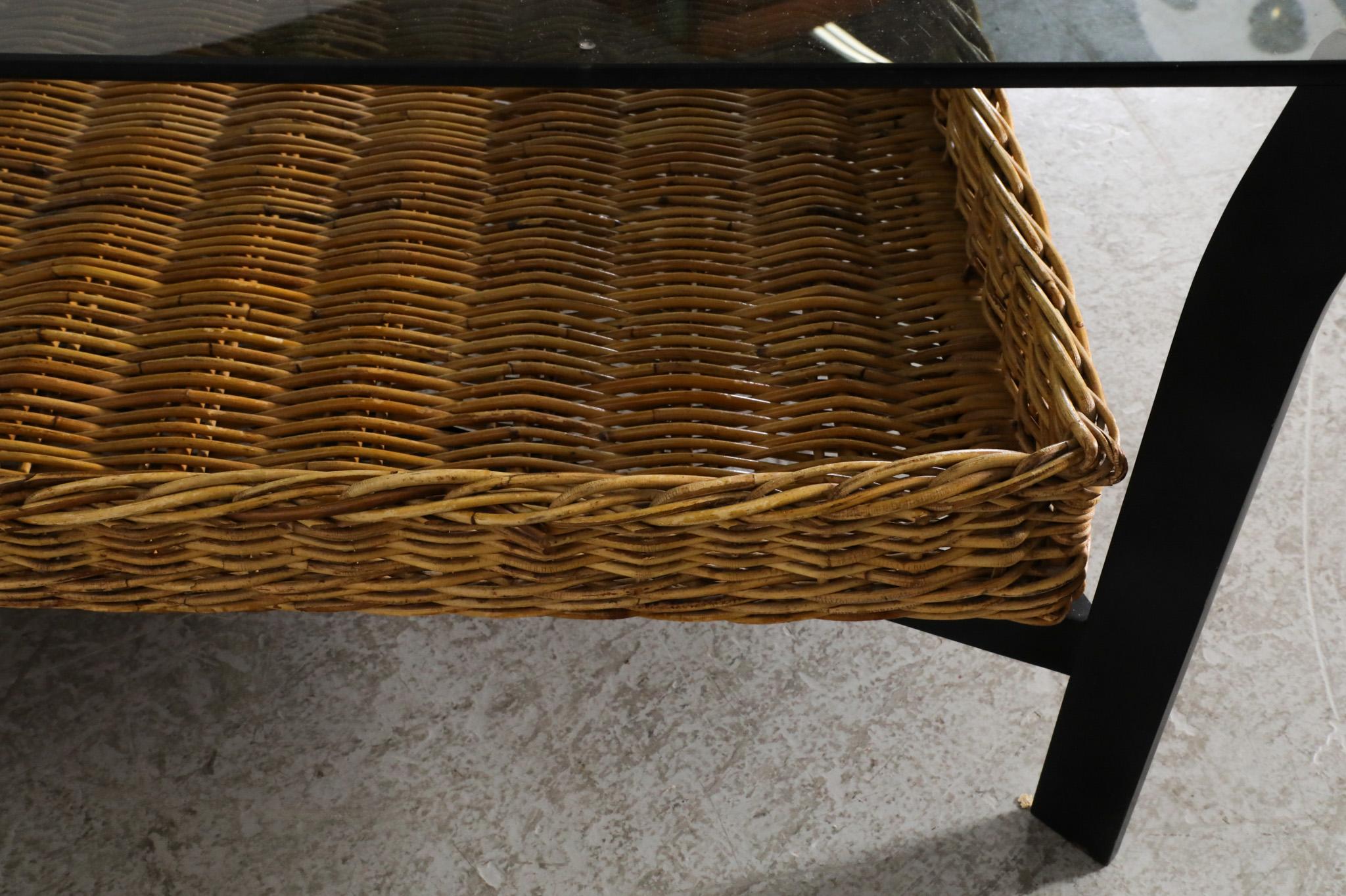 Modernist Rattan Metal and Glass Coffee Table with Lower Basket For Sale 10
