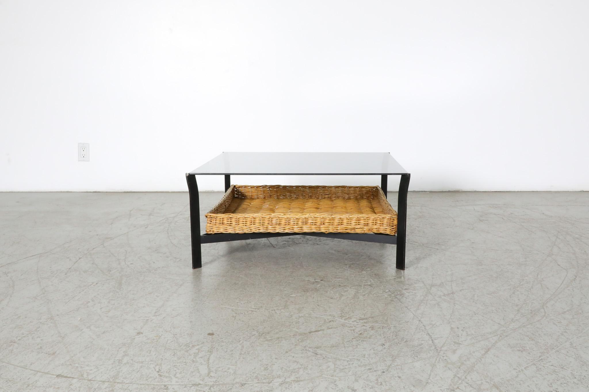 Dutch Modernist Rattan Metal and Glass Coffee Table with Lower Basket For Sale