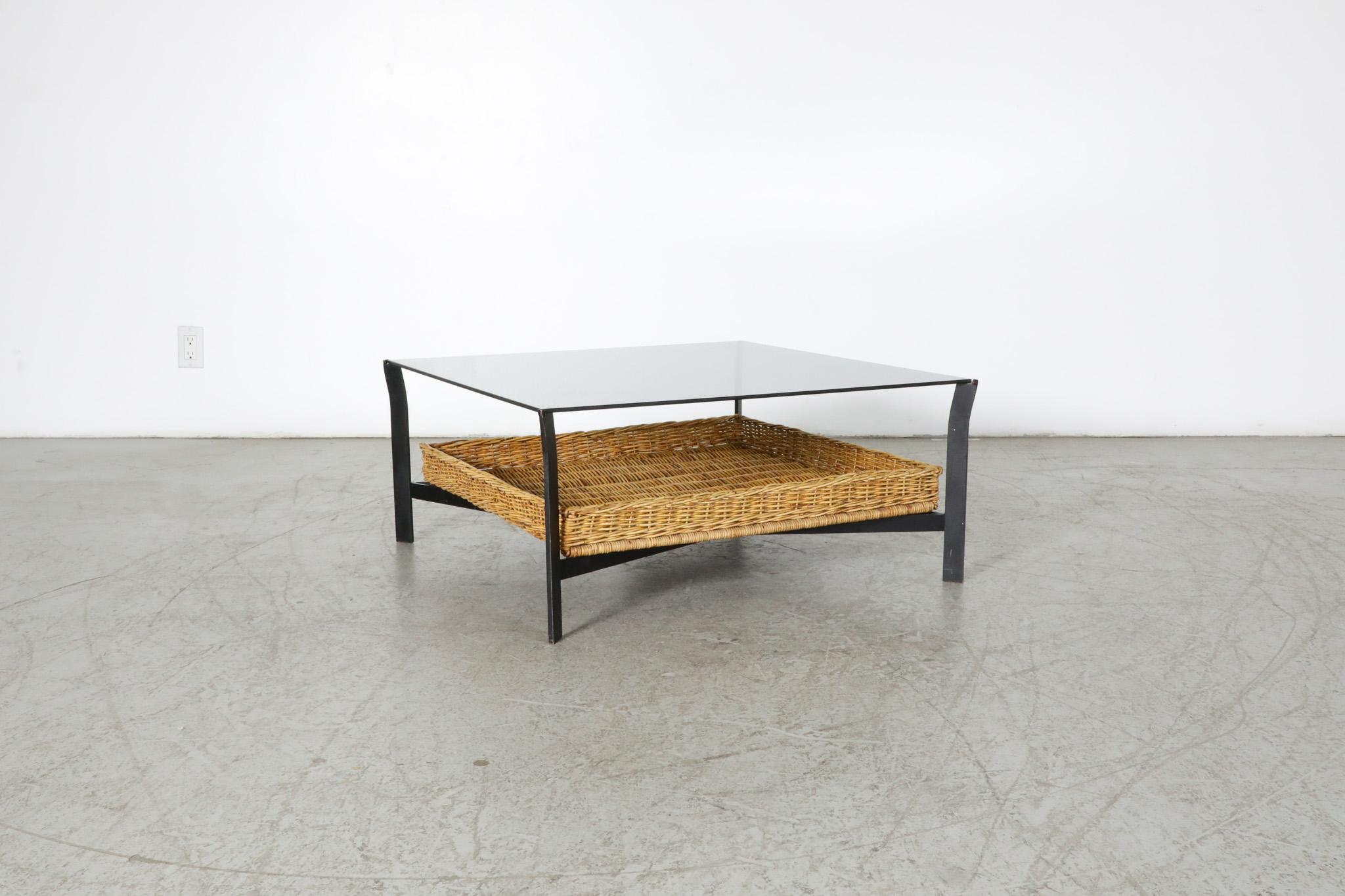 Modernist Rattan Metal and Glass Coffee Table with Lower Basket In Good Condition For Sale In Los Angeles, CA