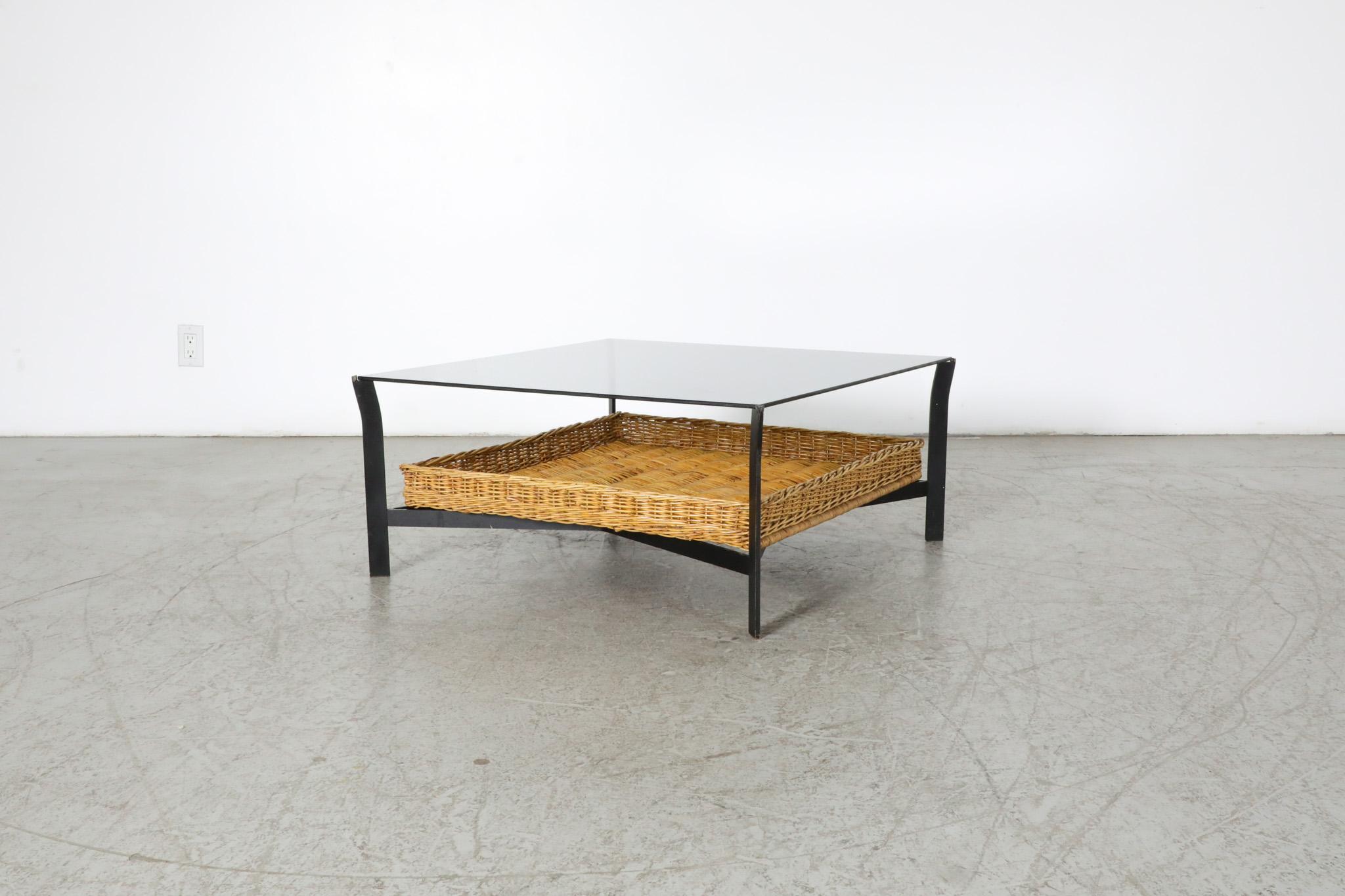 Mid-20th Century Modernist Rattan Metal and Glass Coffee Table with Lower Basket For Sale