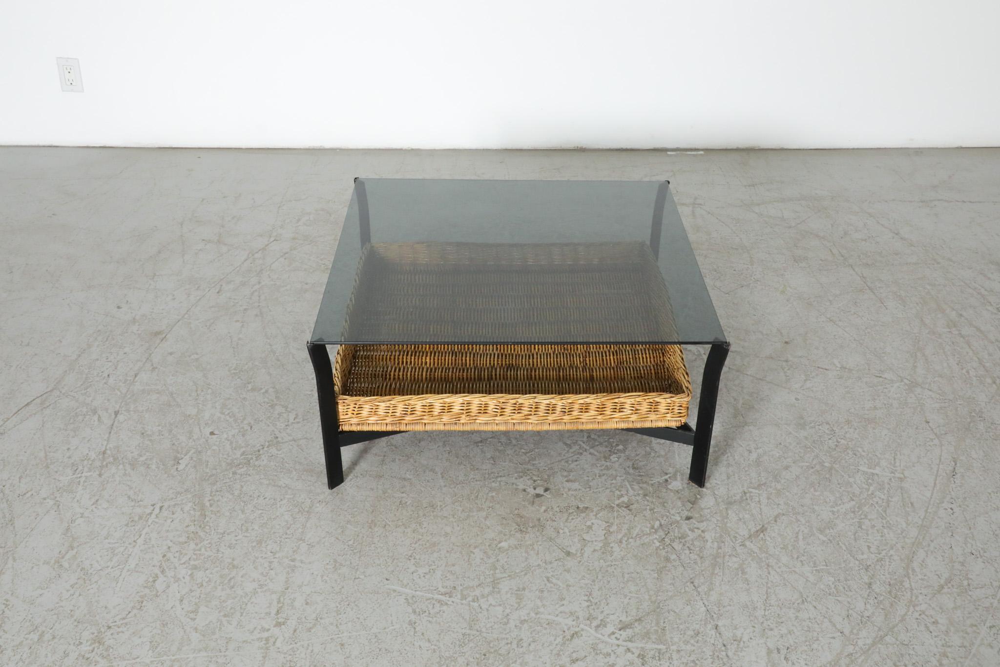Modernist Rattan Metal and Glass Coffee Table with Lower Basket For Sale 2