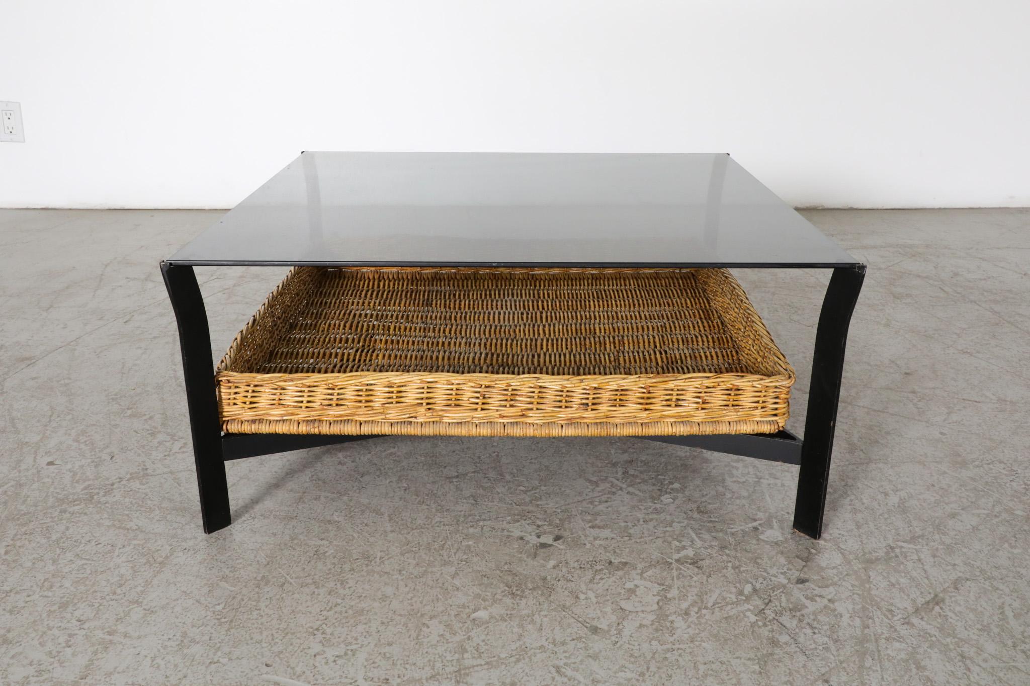 Modernist Rattan Metal and Glass Coffee Table with Lower Basket For Sale 3