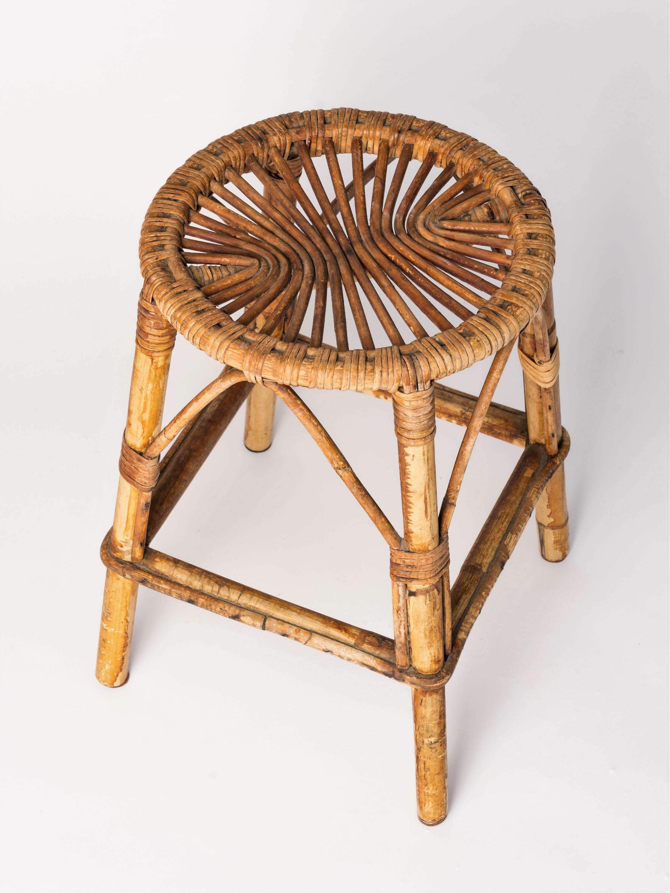 French Modernist Rattan Stool, France, 1960's For Sale
