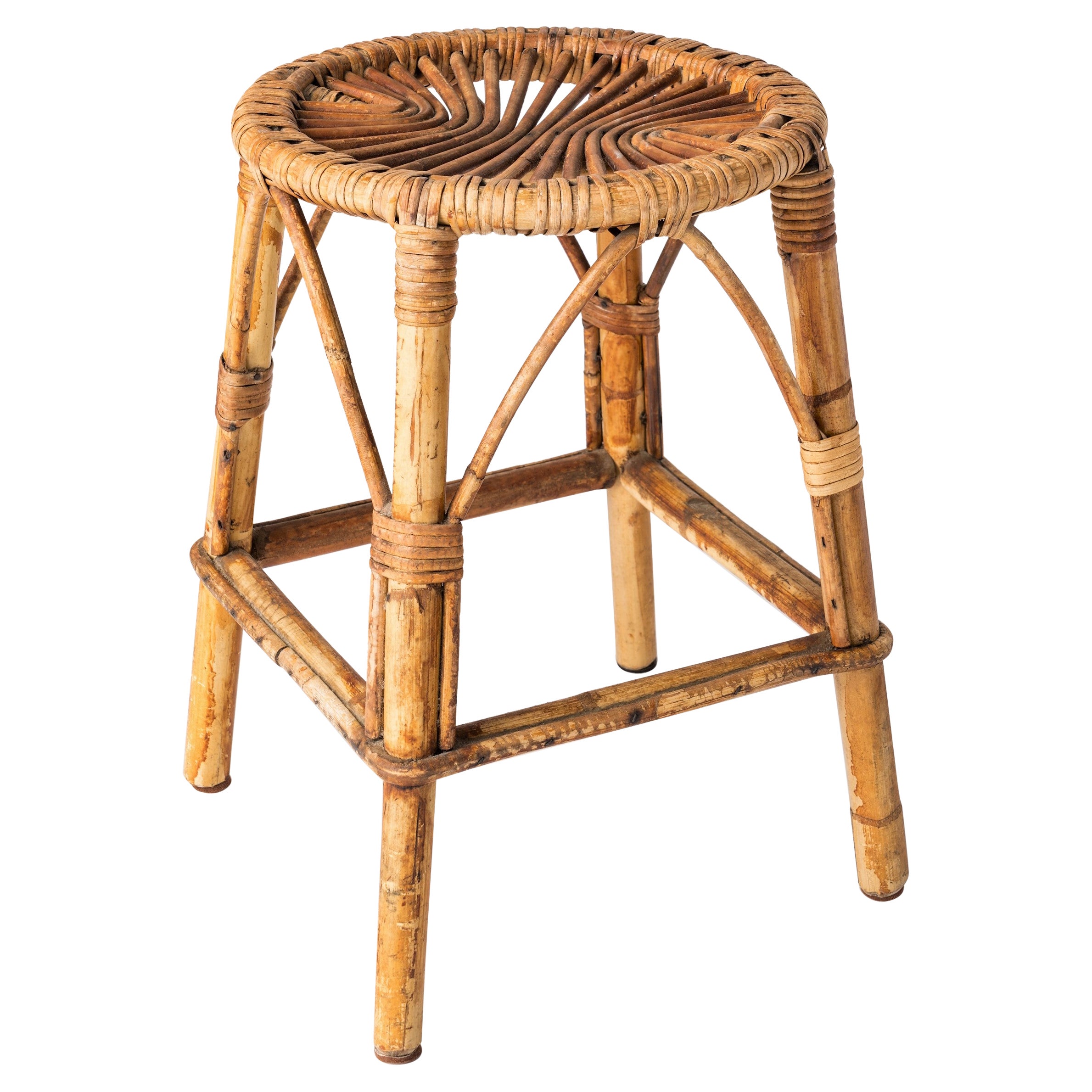 Tabouret moderniste en rotin, France, années 1960