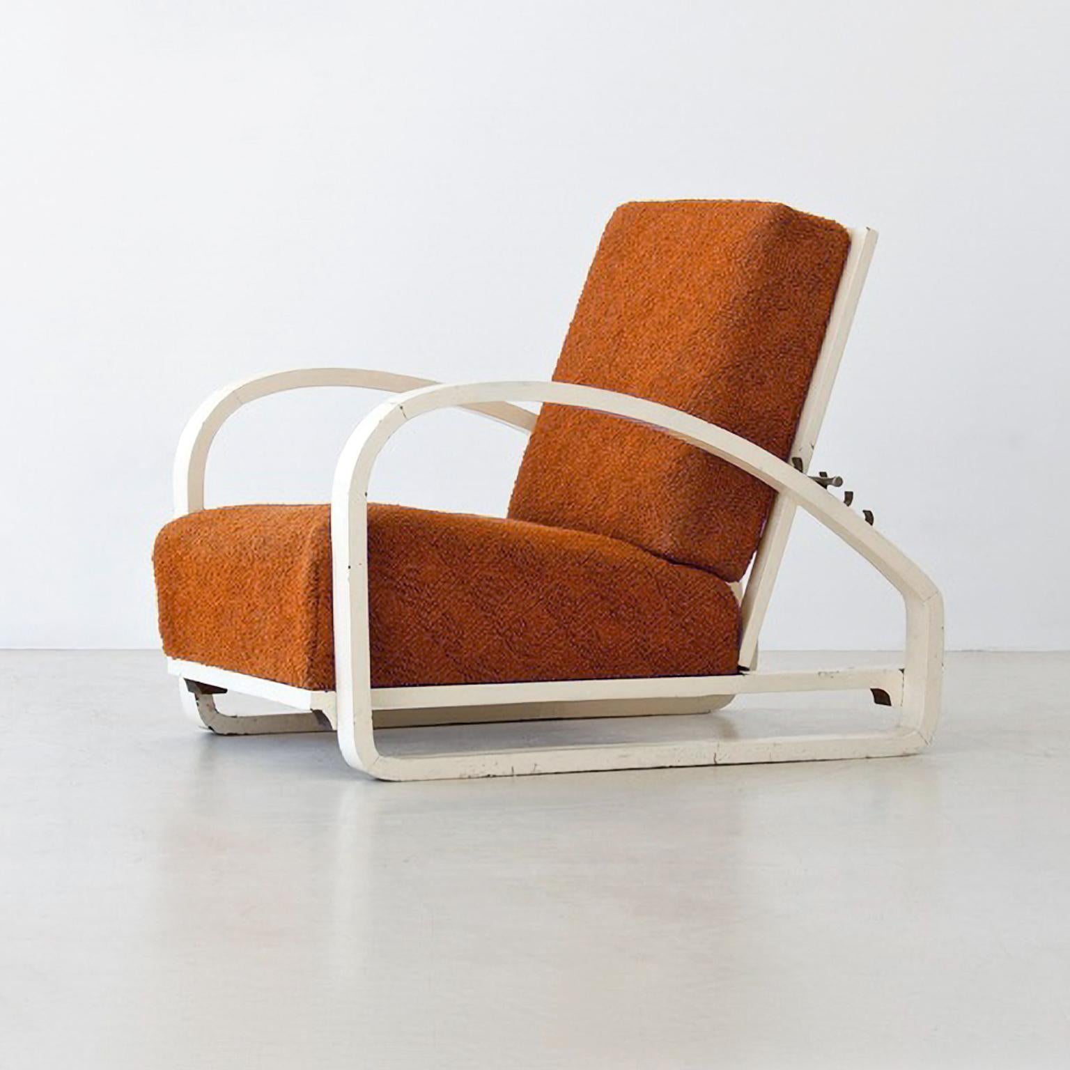 German Modernist Recliner Armchair, Molded Wood, Upholstered Cushions, Customizable For Sale