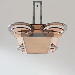 Lustre rectangulaire moderniste, laiton plaqué, verre rose et miroir, sur mesure