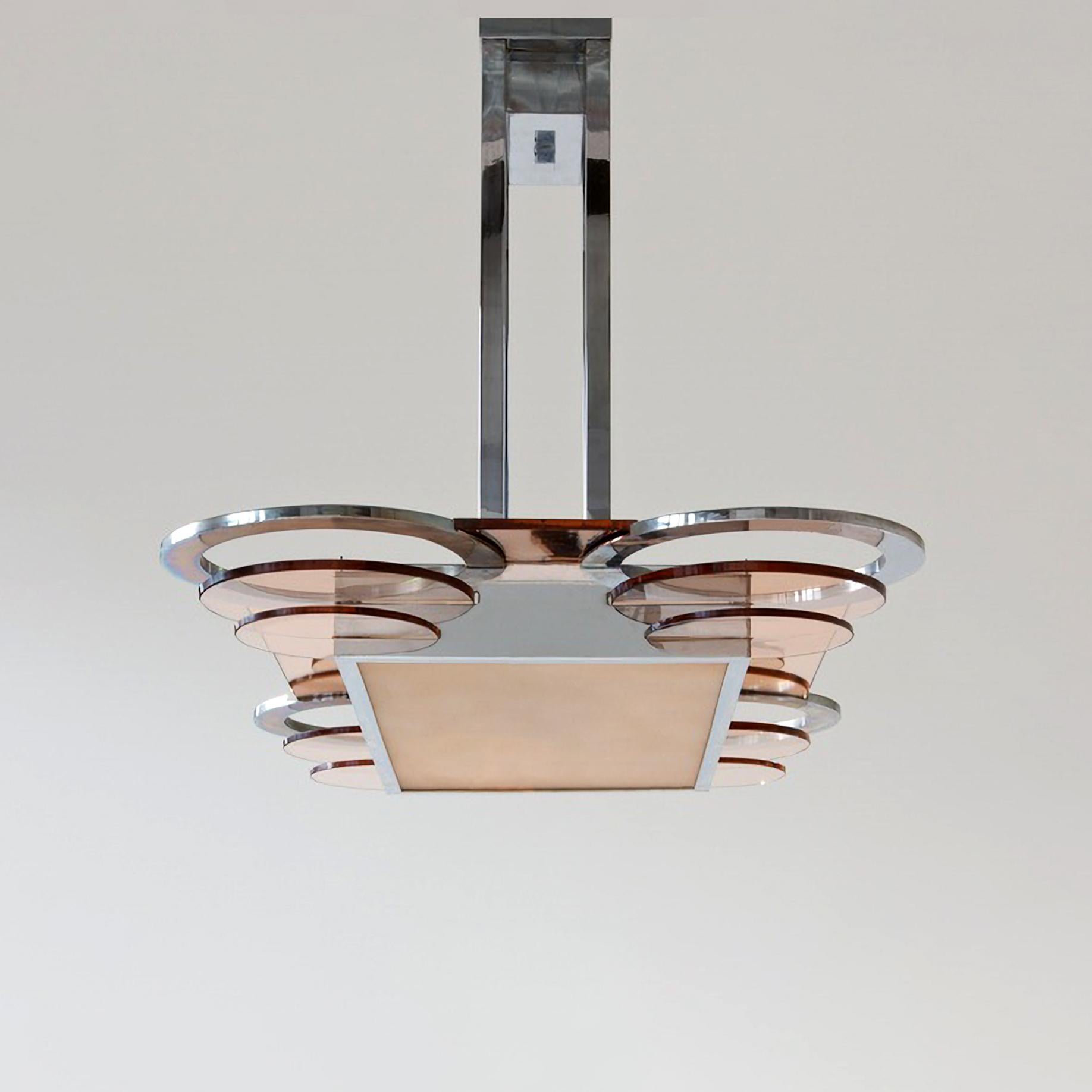 Araña rectangular modernista, latón chapado, cristal rosa y espejo, a medida Art Decó en venta