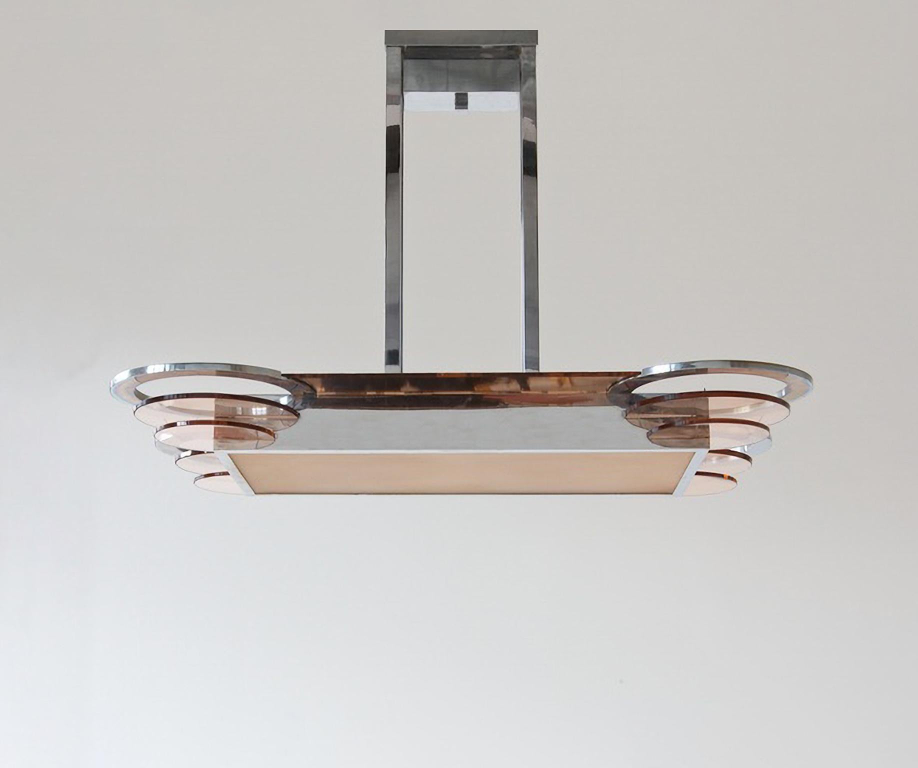 Araña rectangular modernista, latón chapado, cristal rosa y espejo, a medida Chapado en venta