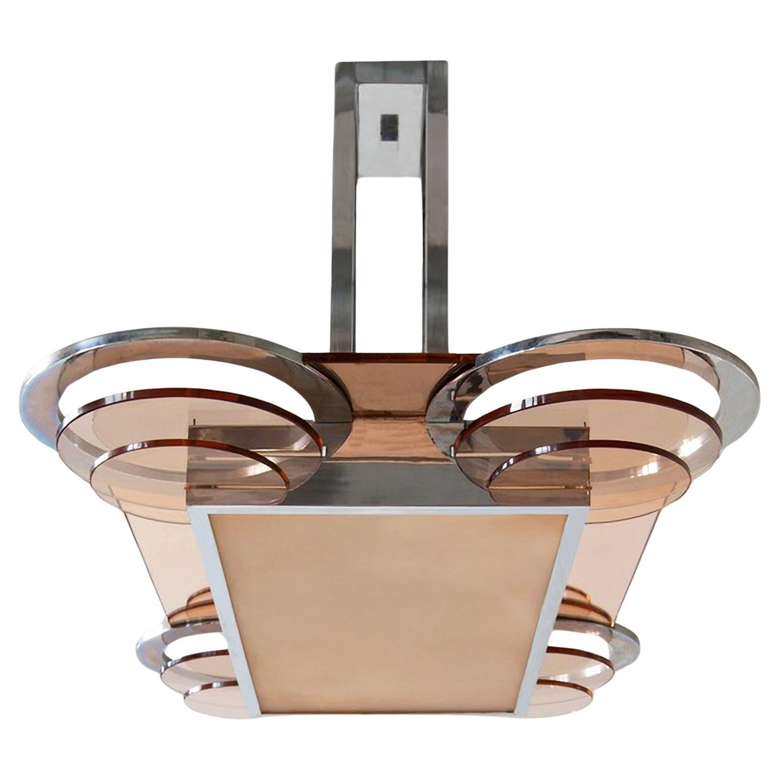 Araña rectangular modernista, latón chapado, cristal rosa y espejo, a medida en venta