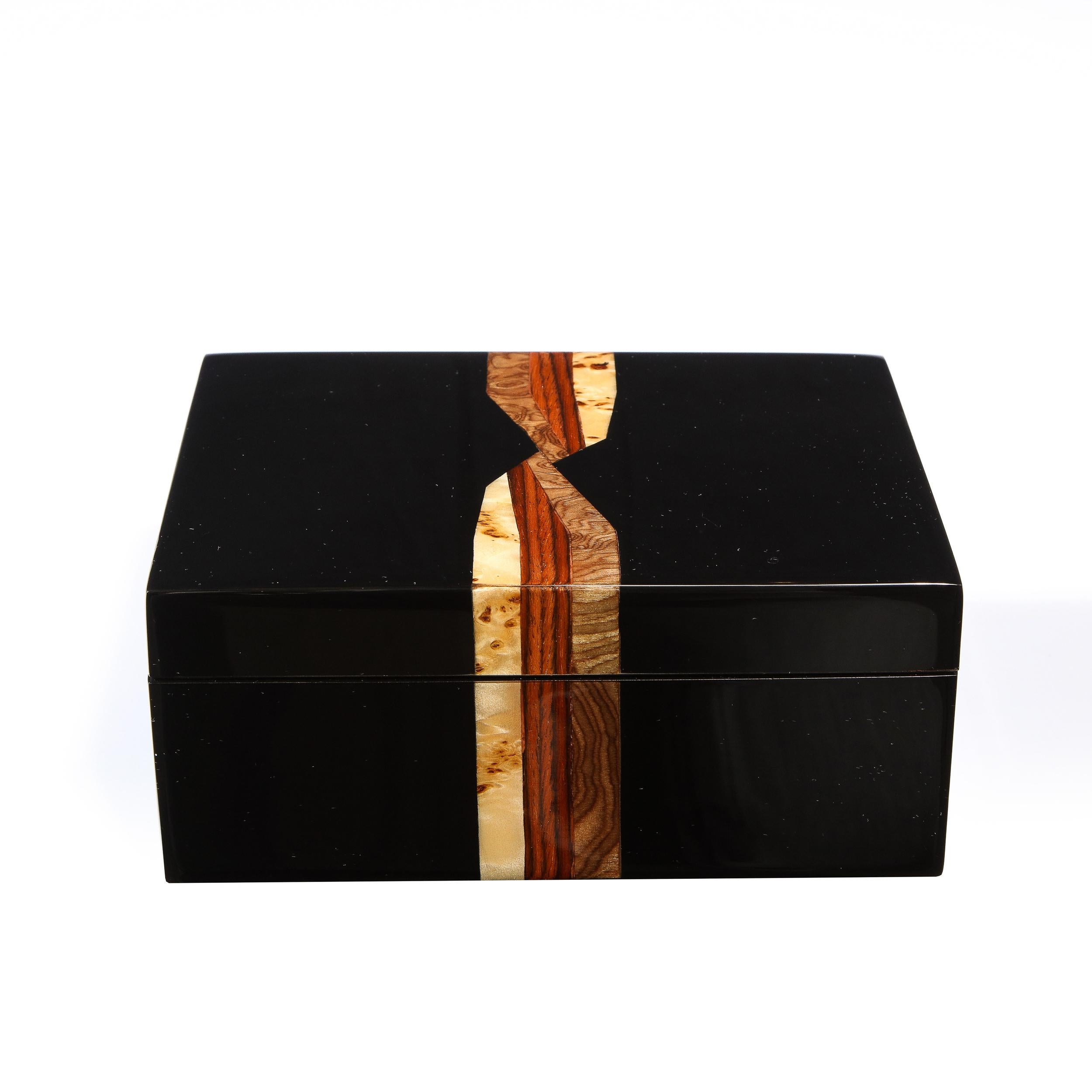 Philippine Modernist Rectangular Lacquer Box w/ Burled Elm, Burled Walnut & Rosewood Inlay