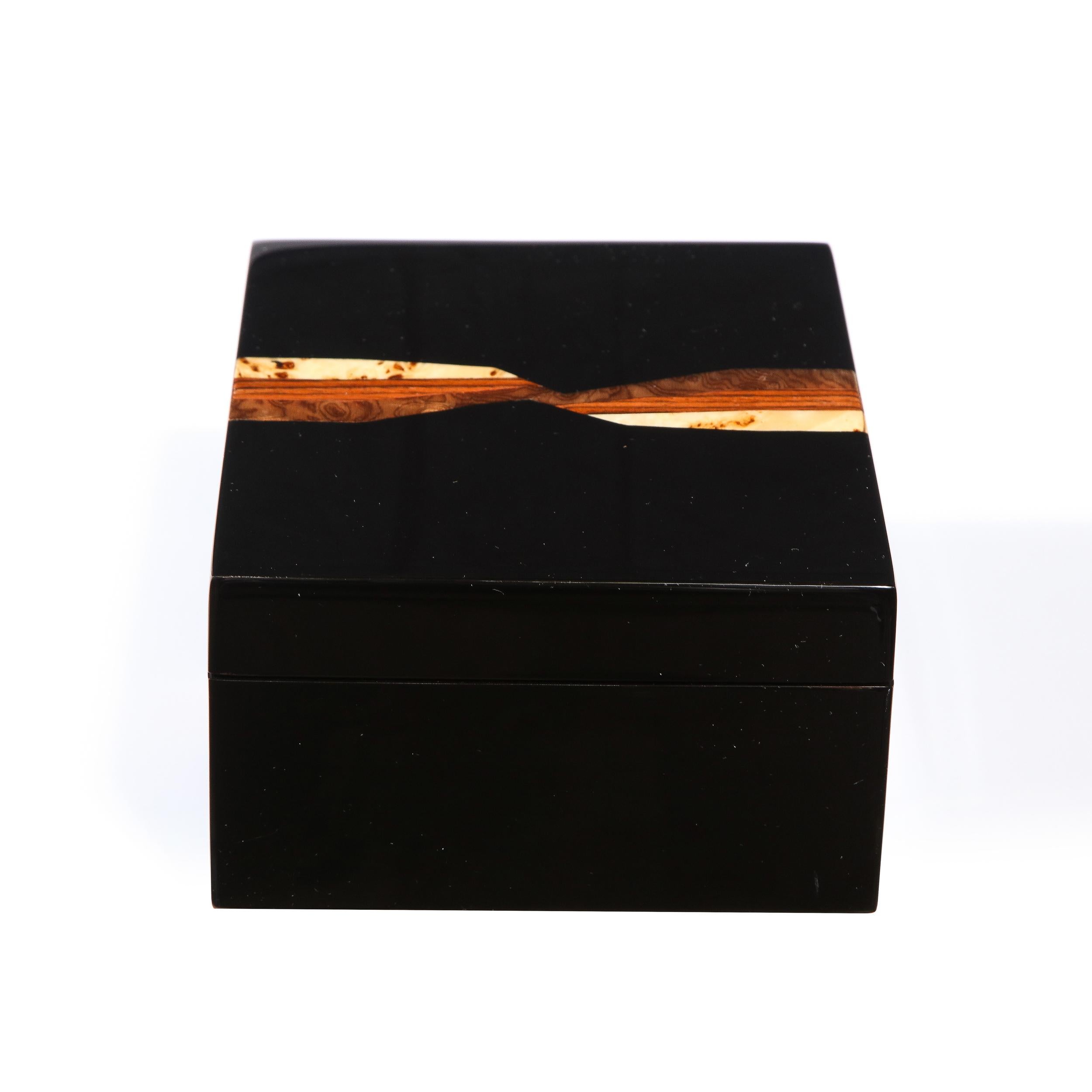Modernist Rectangular Lacquer Box w/ Burled Elm, Burled Walnut & Rosewood Inlay In Excellent Condition In New York, NY