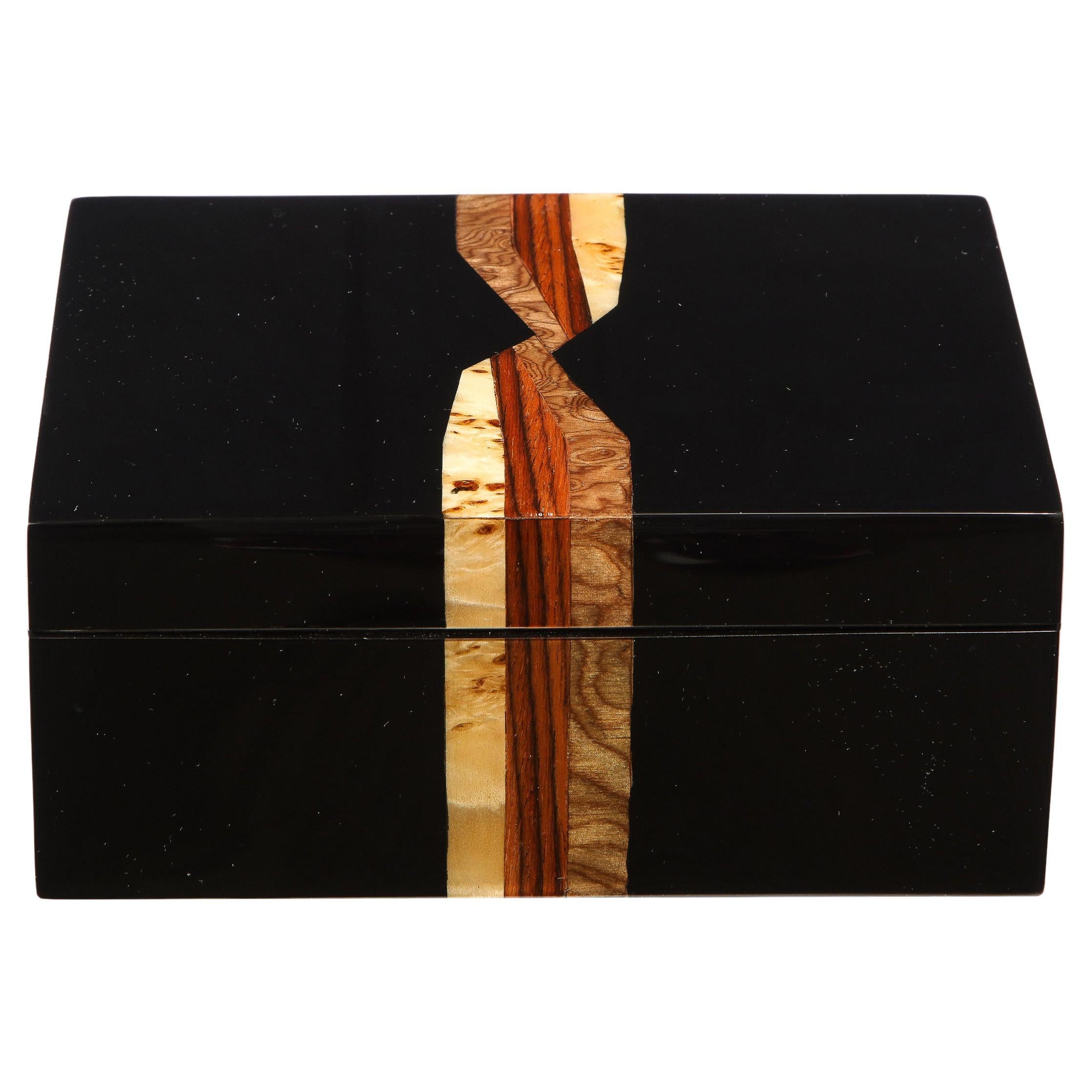 Modernist Rectangular Lacquer Box w/ Burled Elm, Burled Walnut & Rosewood Inlay