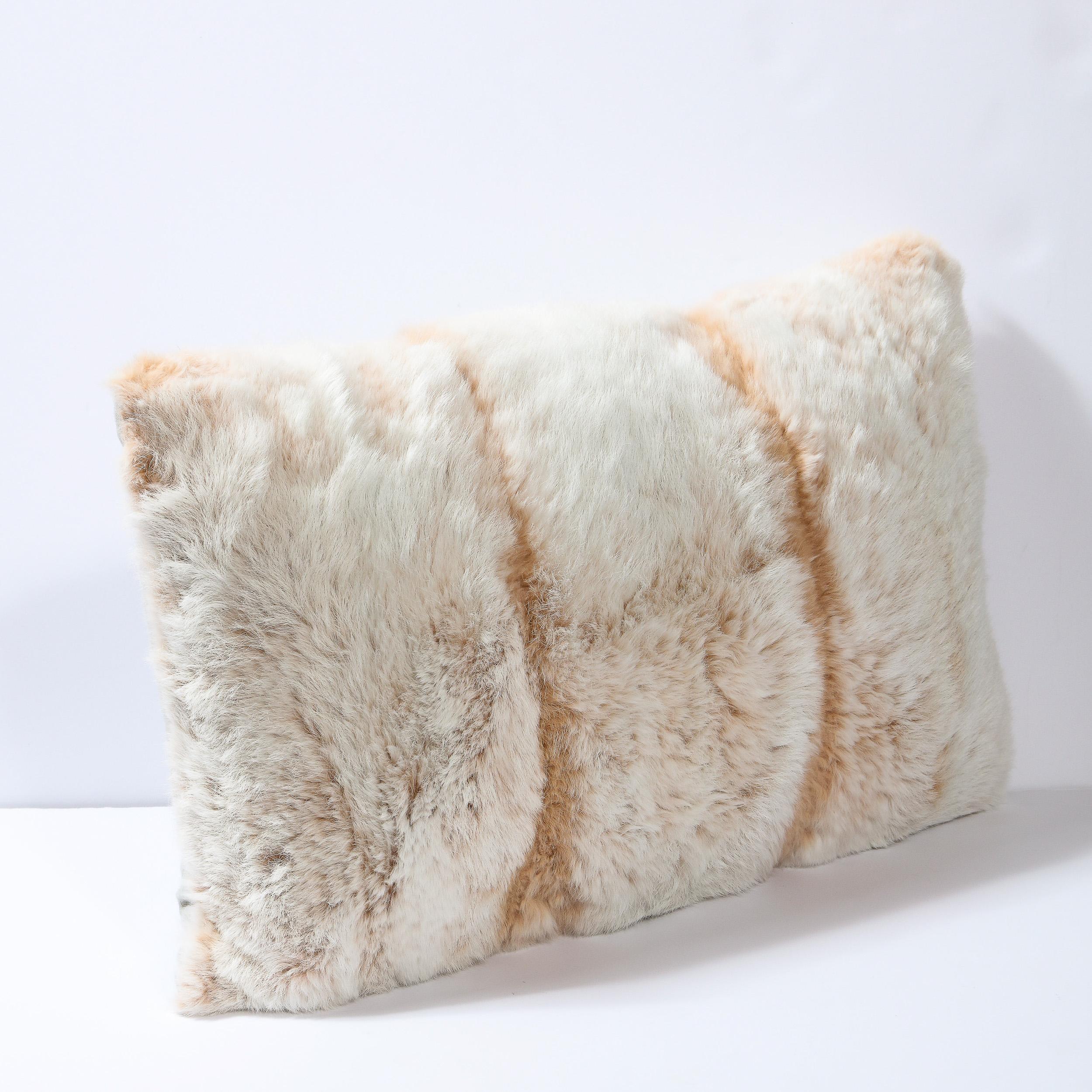 Modernist Rectangular Off White & Muted Orange Banded Rabbit Fur Pillow In Excellent Condition In New York, NY