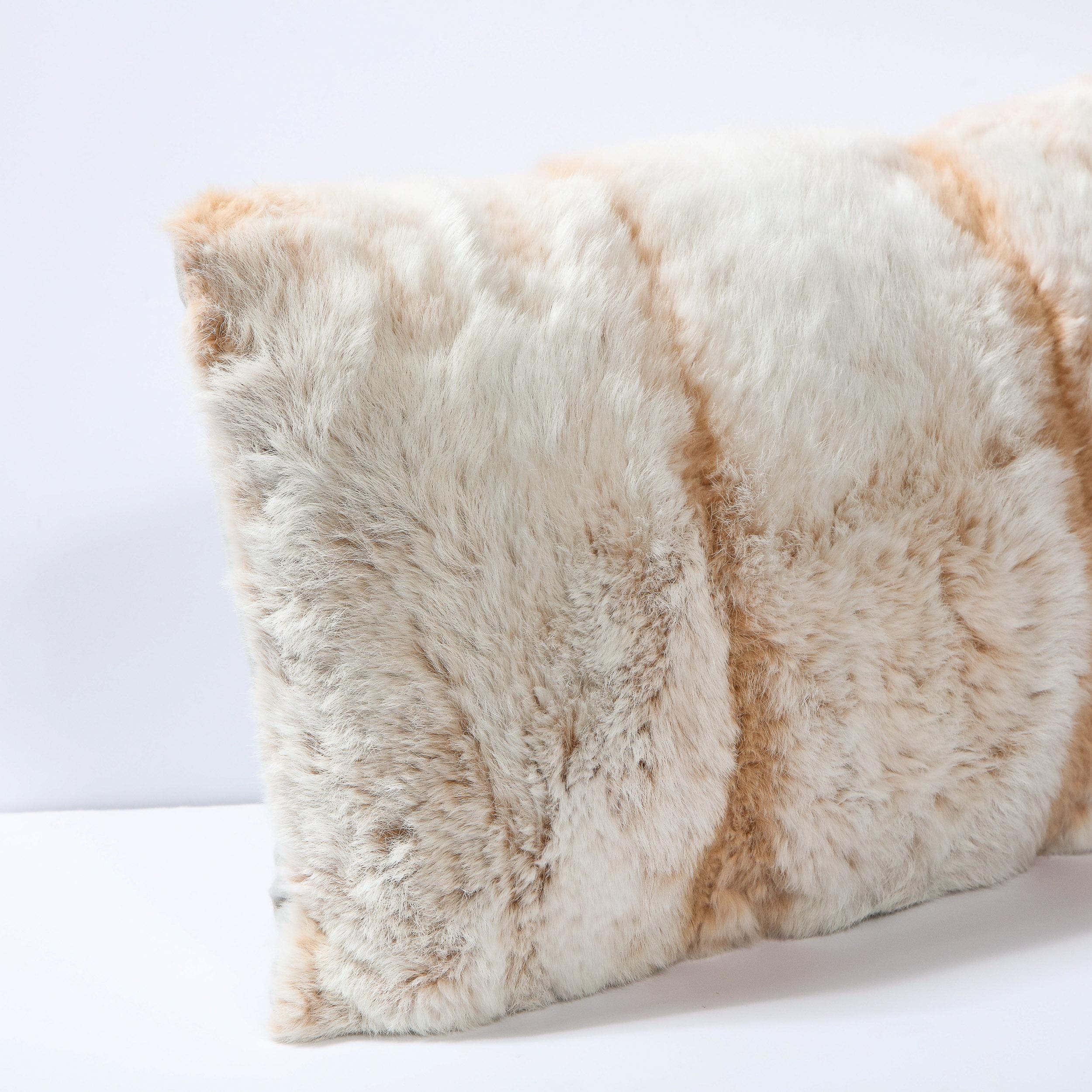 20th Century Modernist Rectangular Off White & Muted Orange Banded Rabbit Fur Pillow