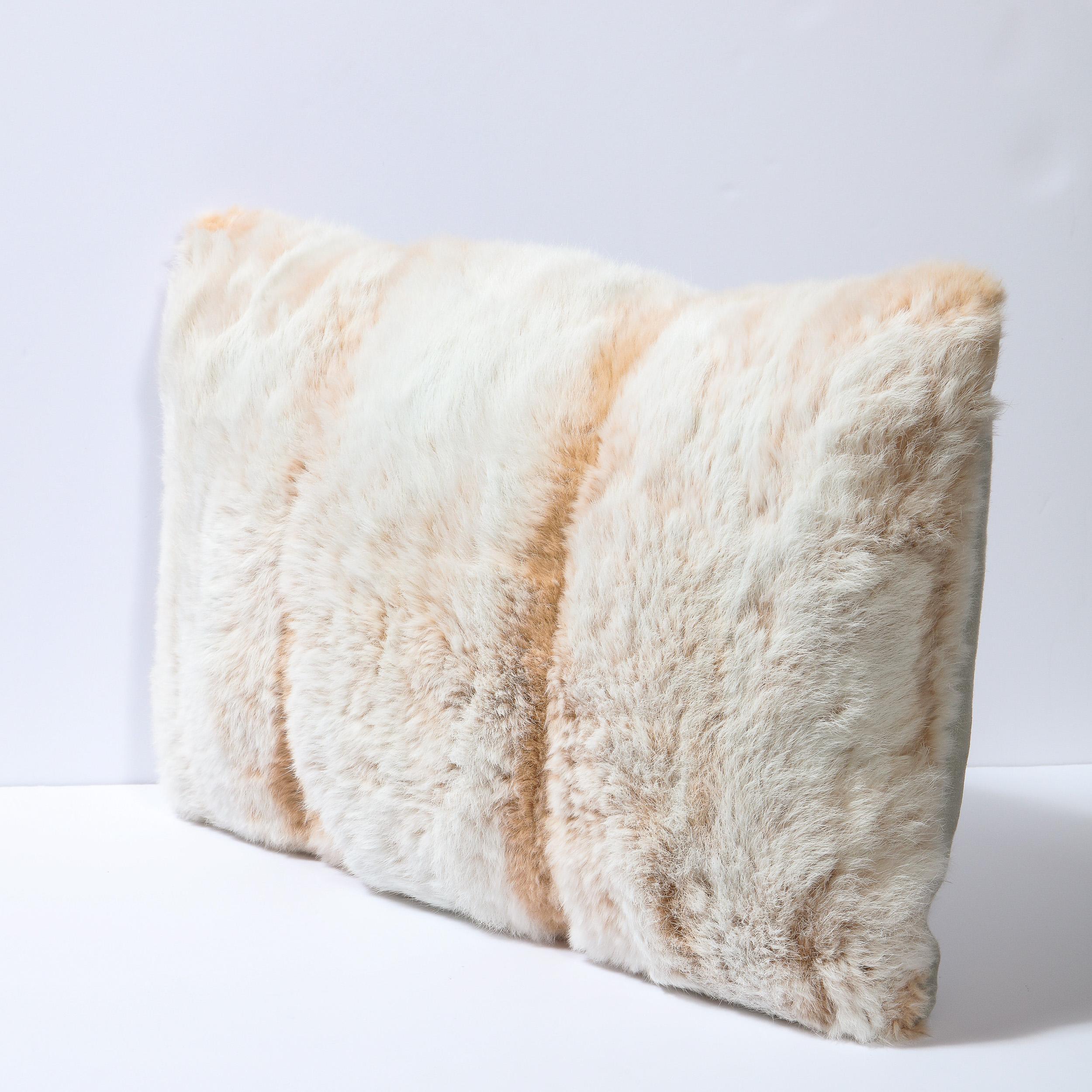Modernist Rectangular Off White & Muted Orange Banded Rabbit Fur Pillow 1