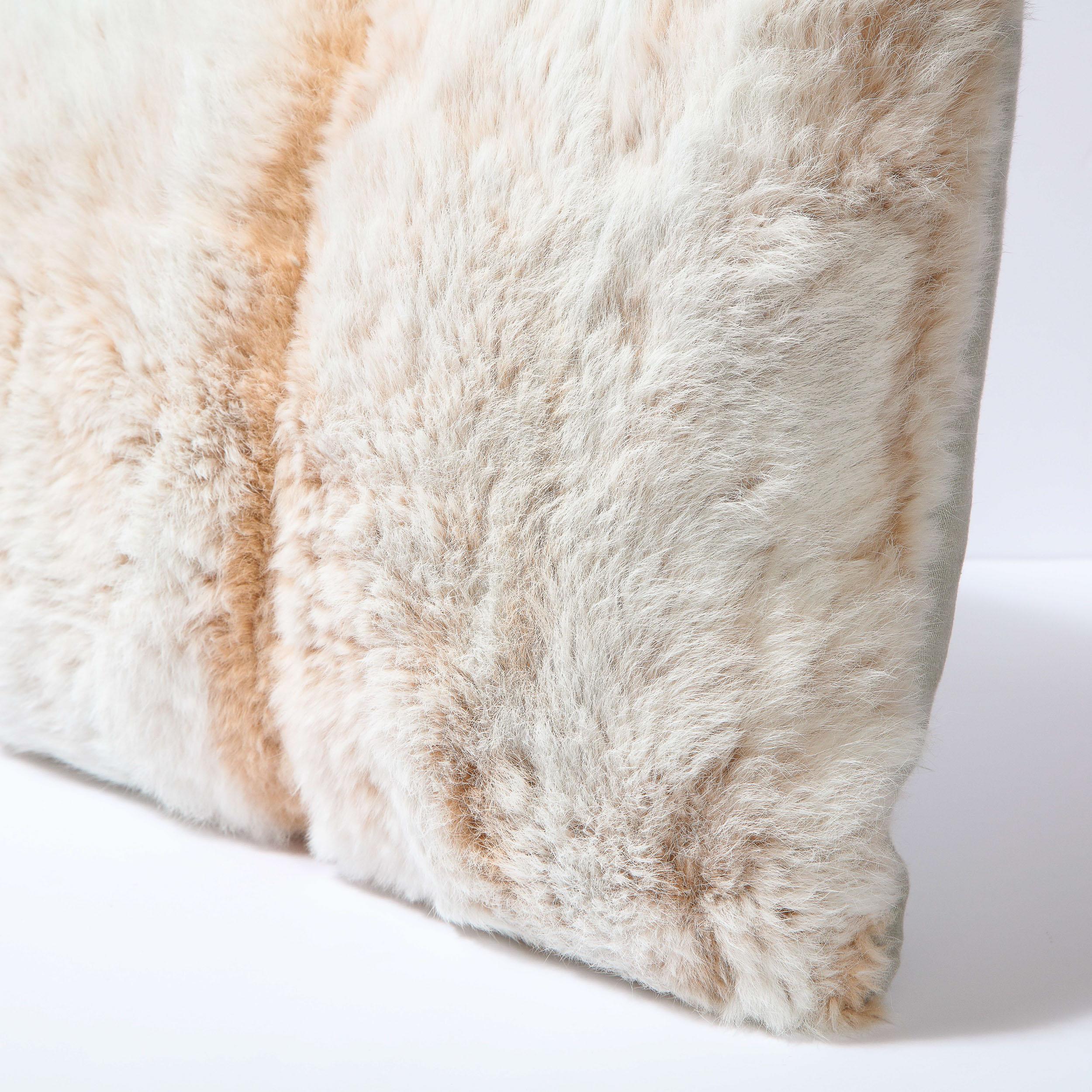 Modernist Rectangular Off White & Muted Orange Banded Rabbit Fur Pillow 2