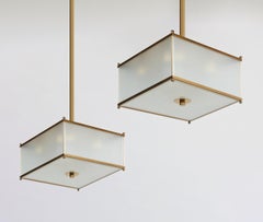 Modernist Rectangular Pendant Light, Polished Brass and Opal Glass, Customizable