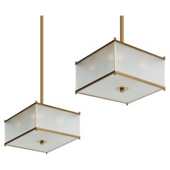 Modernist Rectangular Pendant Light, Polished Brass and Opal Glass, Customizable