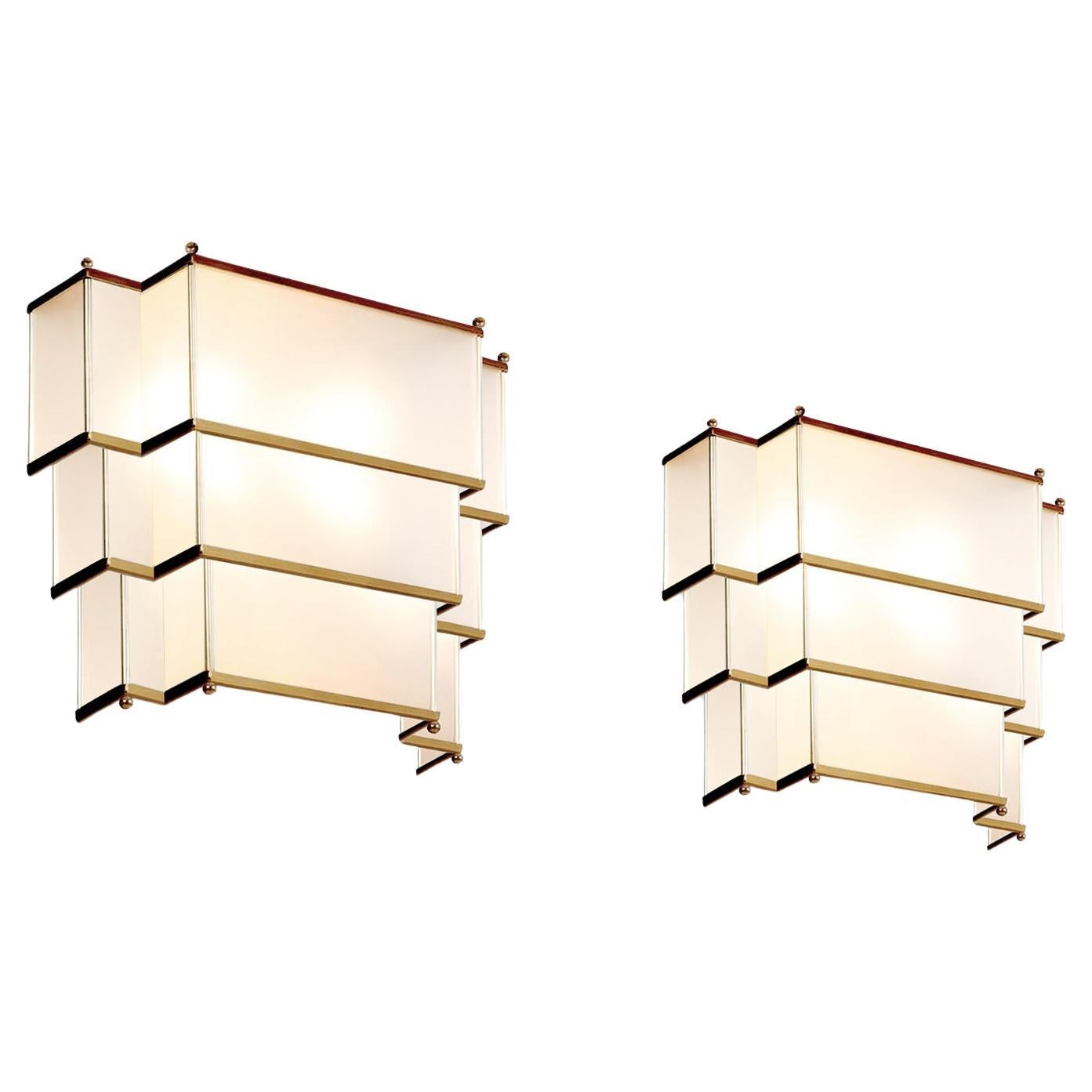 Modernist Rectangular Wall Light, Brushed Brass and Opal Glass, Customizable