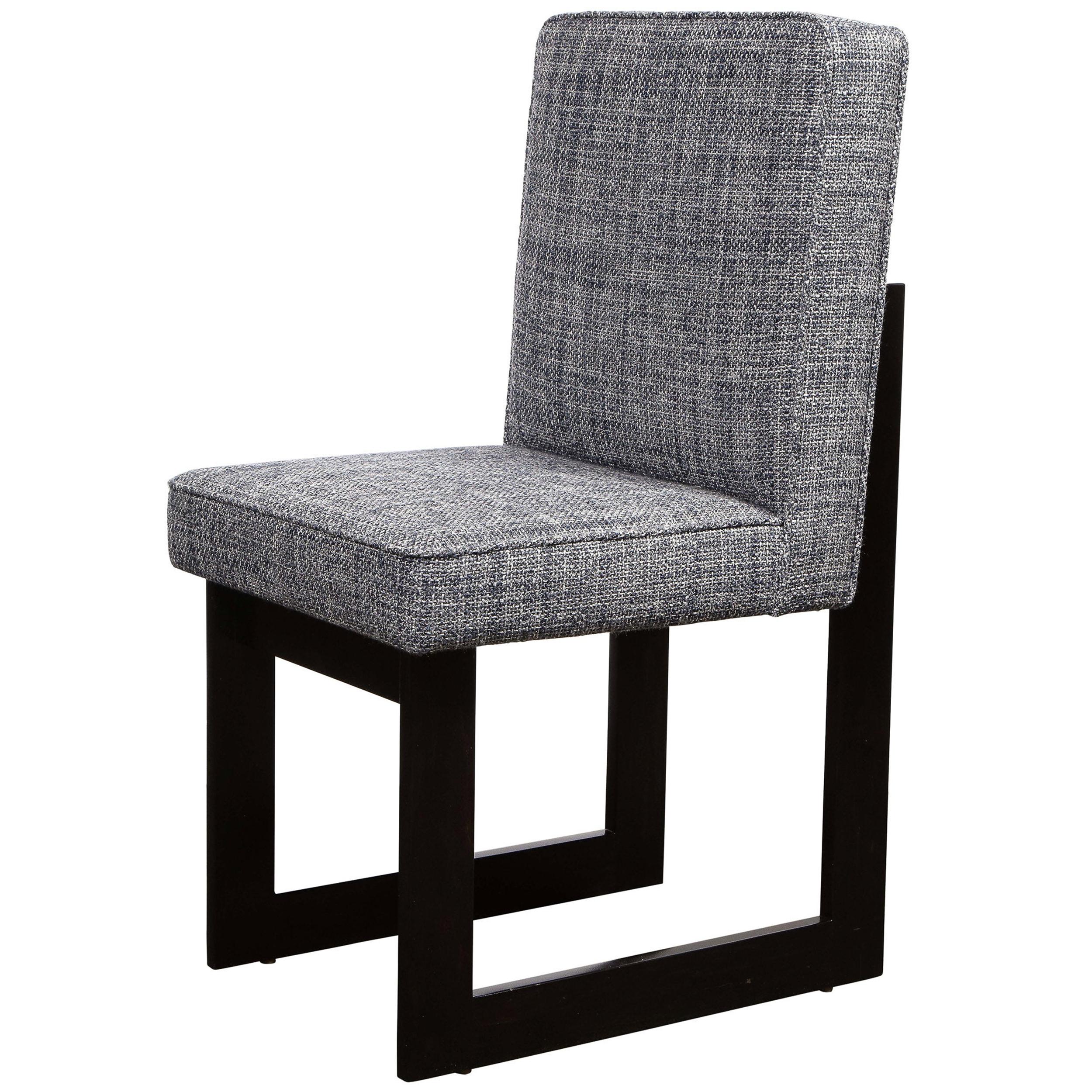 Modernist Rectilinear Ebonized Walnut and Textural Gray Woven Fabric Side Chair For Sale