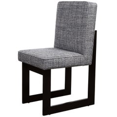 Modernist Rectilinear Ebonized Walnut and Textural Gray Woven Fabric Side Chair