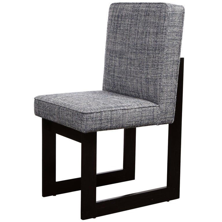 Modernist Rectilinear Ebonized Walnut and Textural Gray Woven Fabric