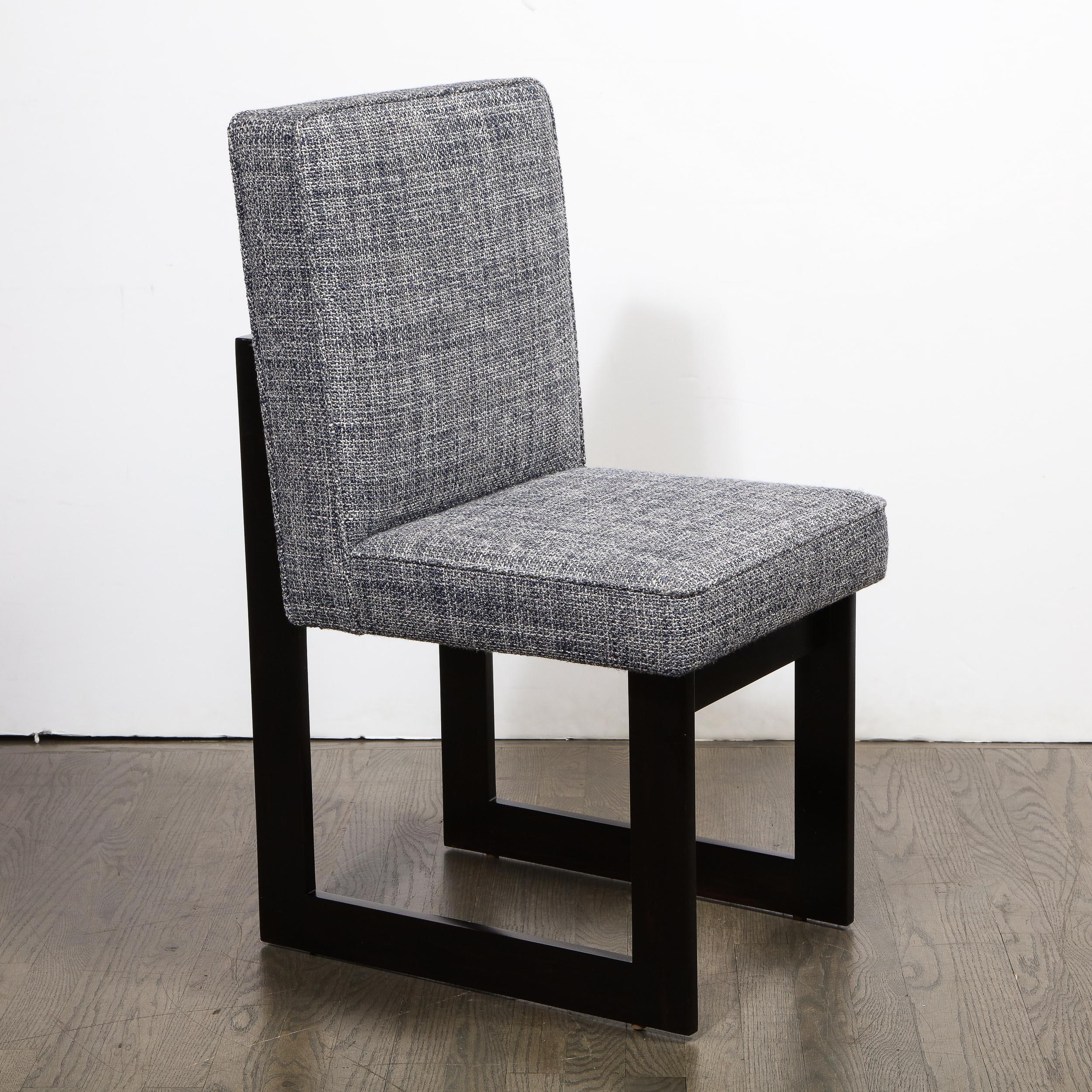 Modernist Rectilinear Ebonized Walnut and Textural Gray Woven Fabric Side Chair For Sale 3